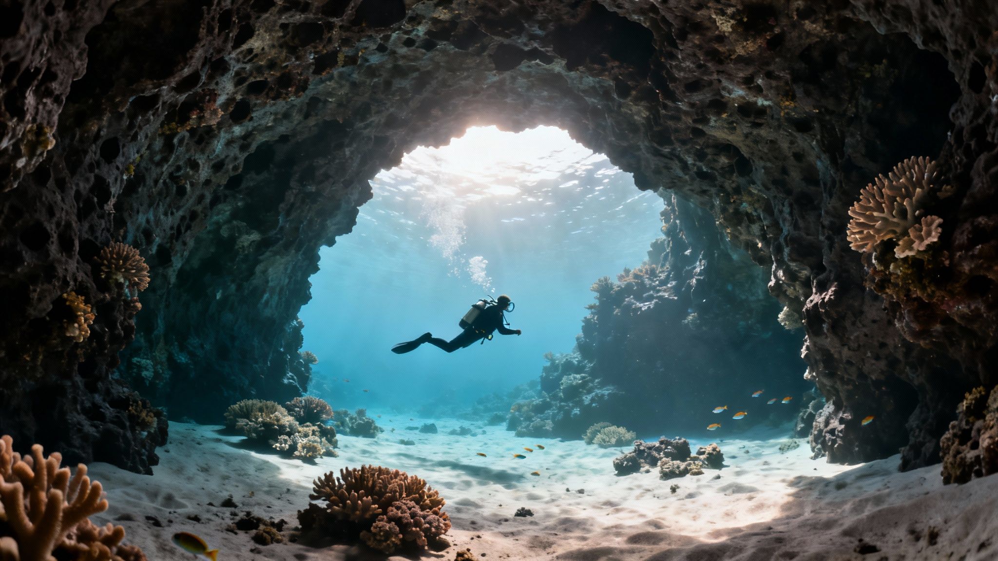 A scuba diver explores a vibrant underwater cave with sunlight piercing through the water and coral.