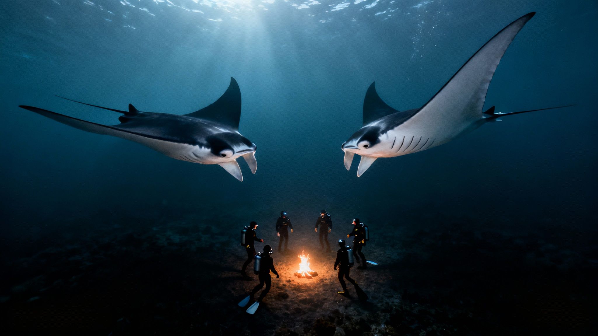 Two majestic manta rays swim above divers gathered around a surreal underwater campfire.