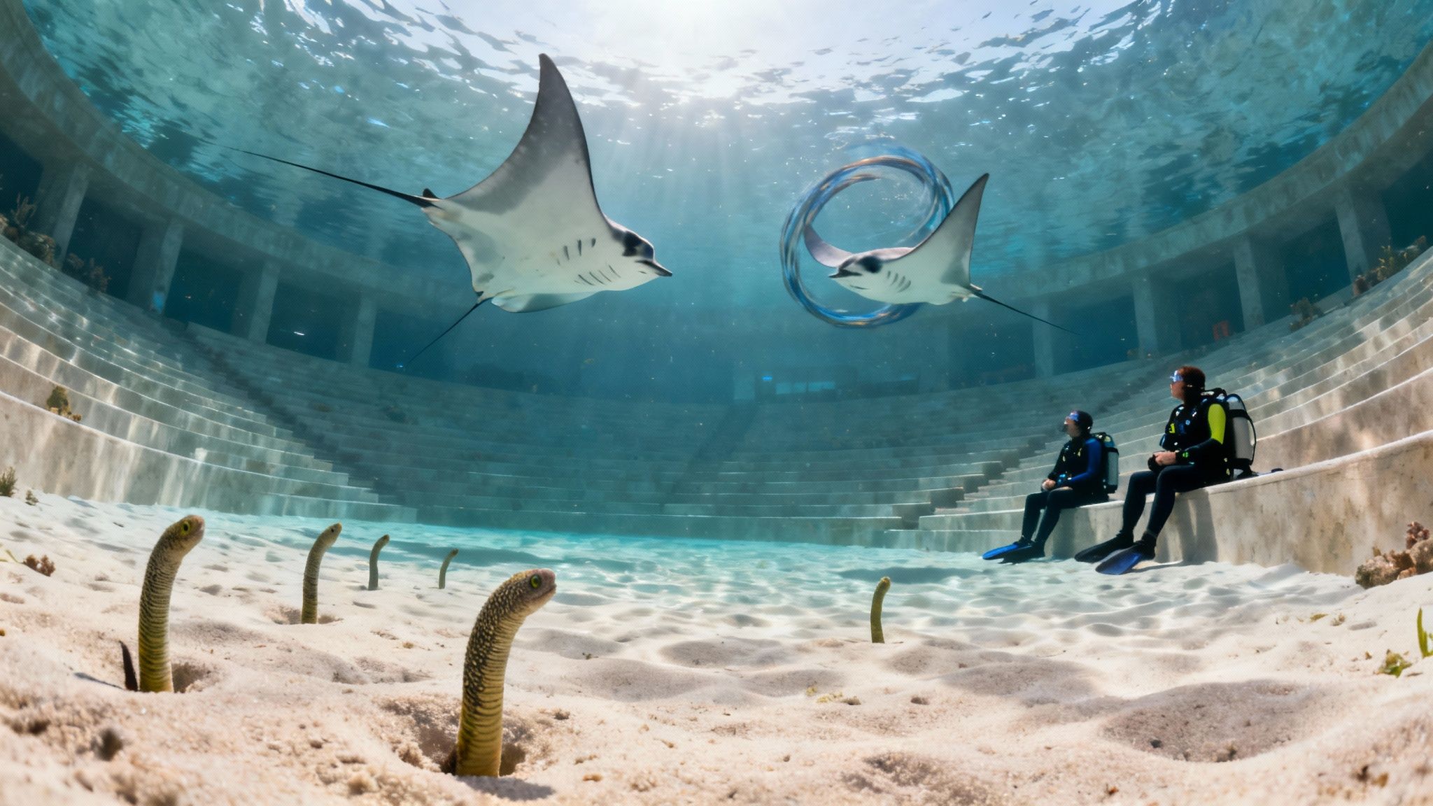 Scuba divers watch two manta rays and garden eels in an ancient underwater amphitheater.