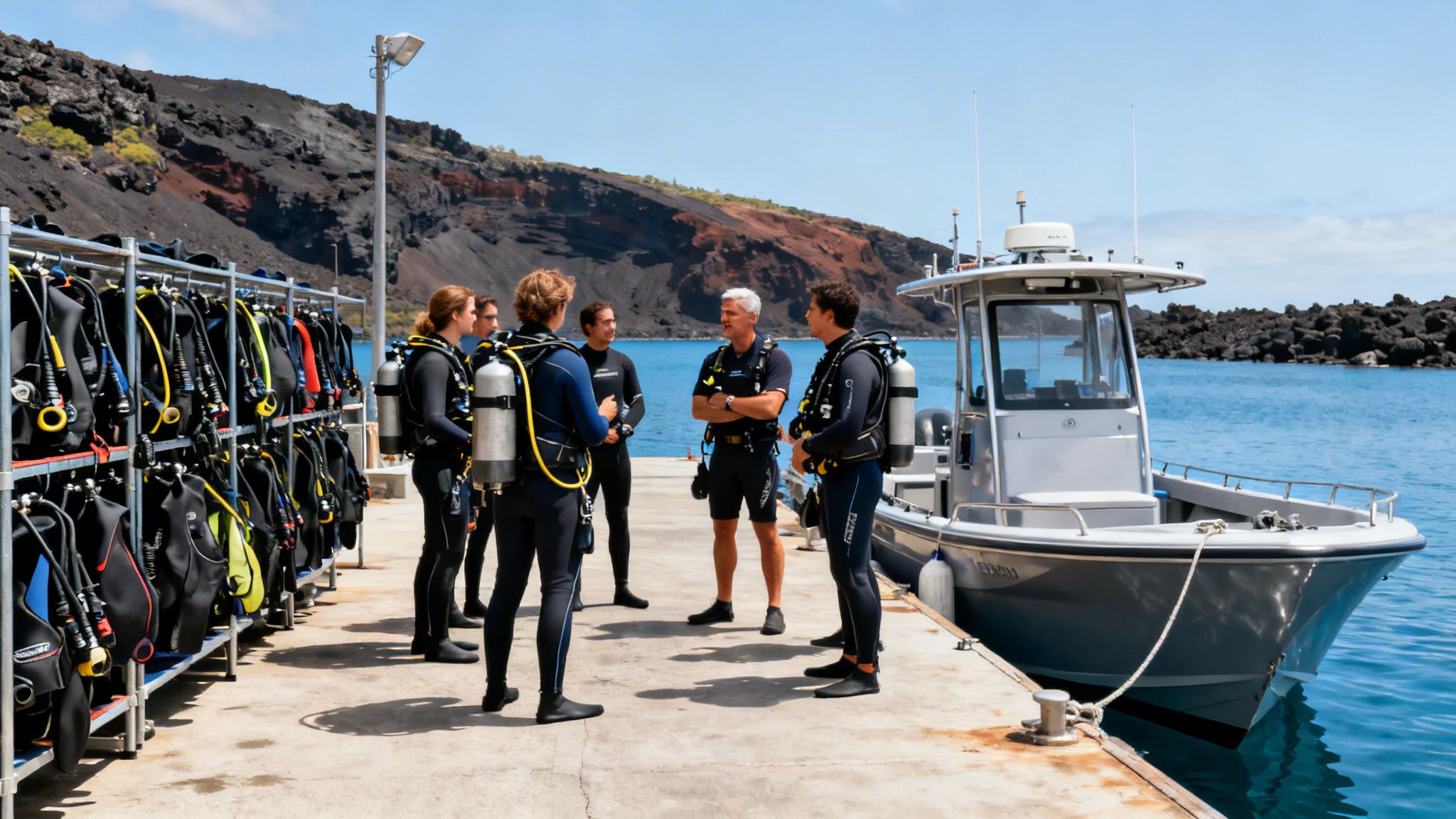 A group of scuba divers on a dock next to a boat and gear racks, with a volcanic coastline.