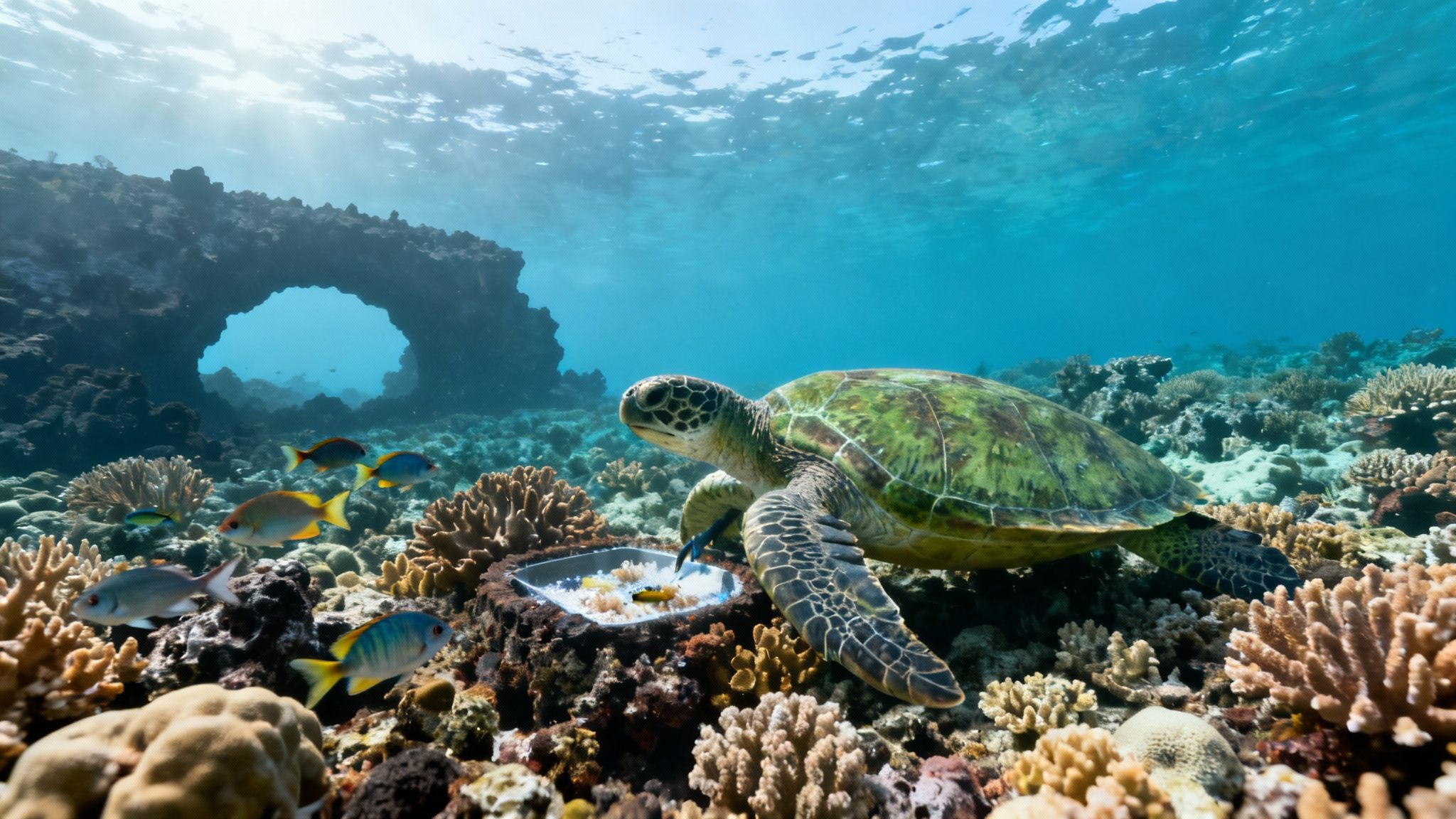A scuba diver swims over a vibrant coral reef teeming with fish on the Big Island of Hawaii.
