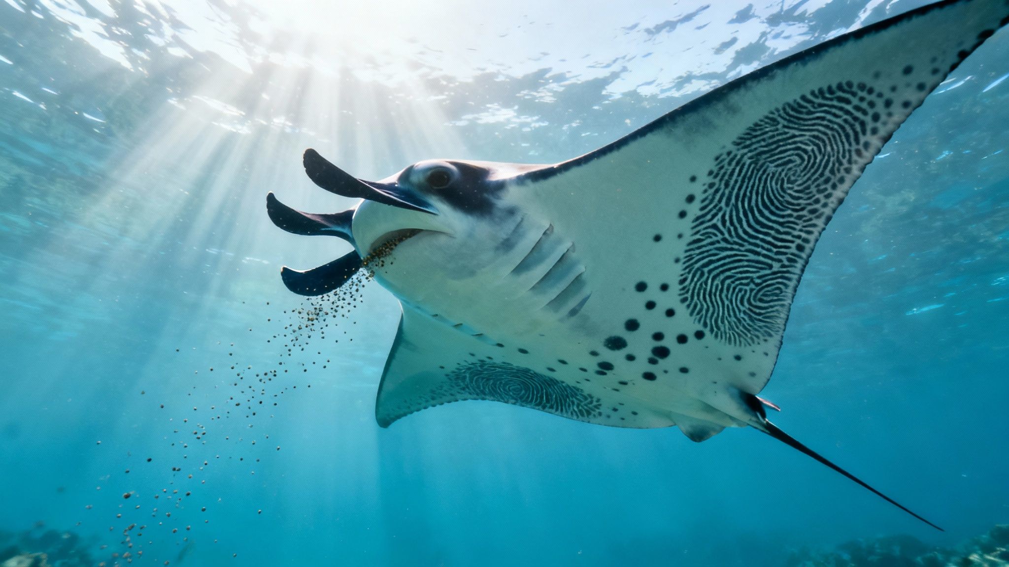 A close-up shot of a reef manta ray's underside, showing its unique spot pattern as it glides through the water.