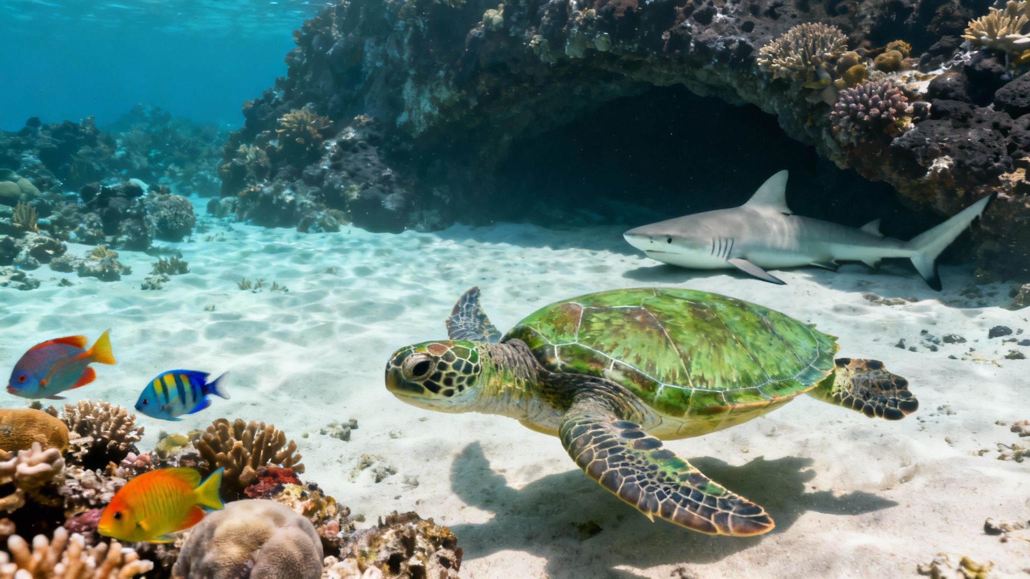 A Hawaiian green sea turtle swims gracefully over a coral reef in the clear blue waters of the Big Island.
