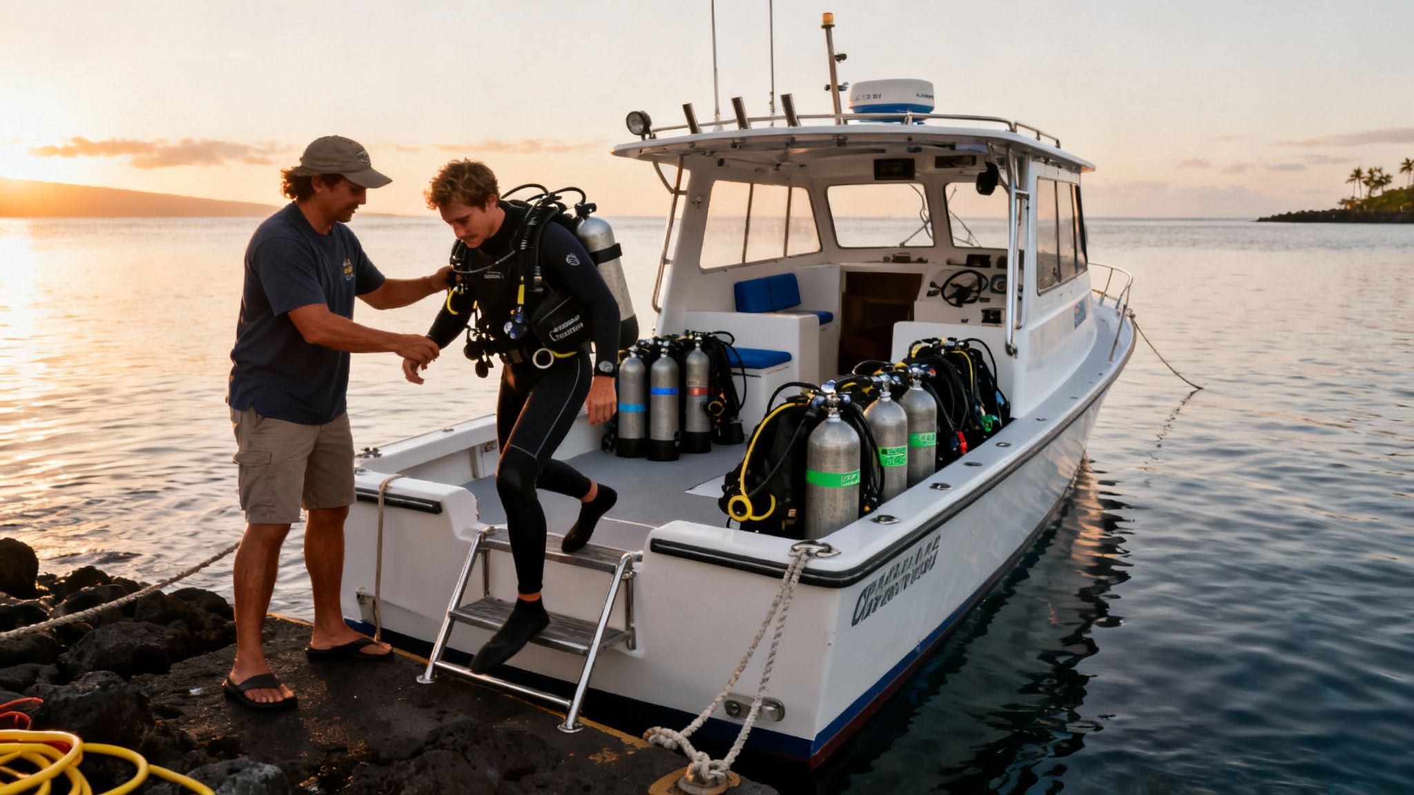 A dive instructor helps a diver with scuba gear onto a boat at sunset in Kona.
