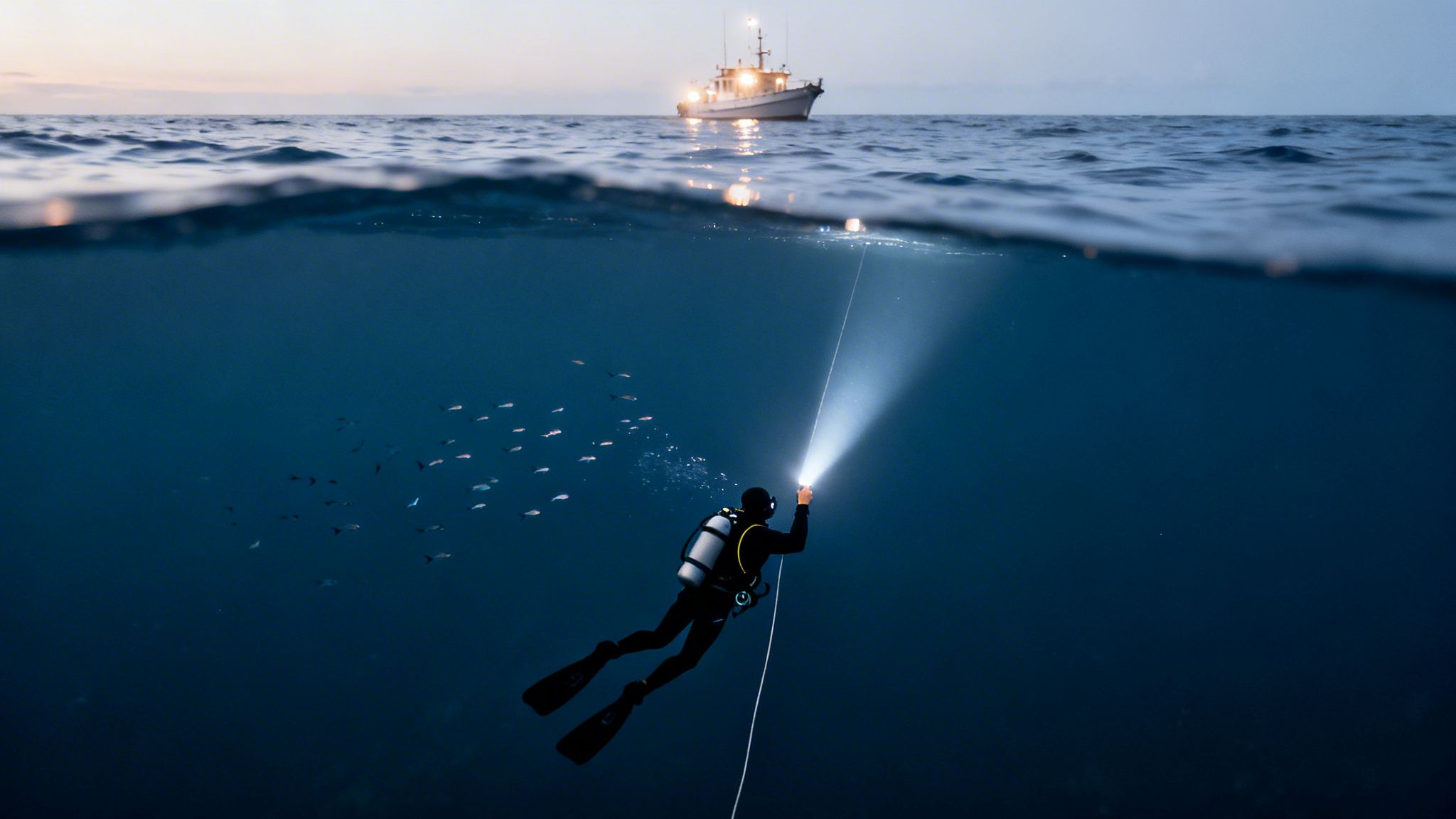 A split image showing a diver with a torch underwater and a lit boat on the ocean surface.