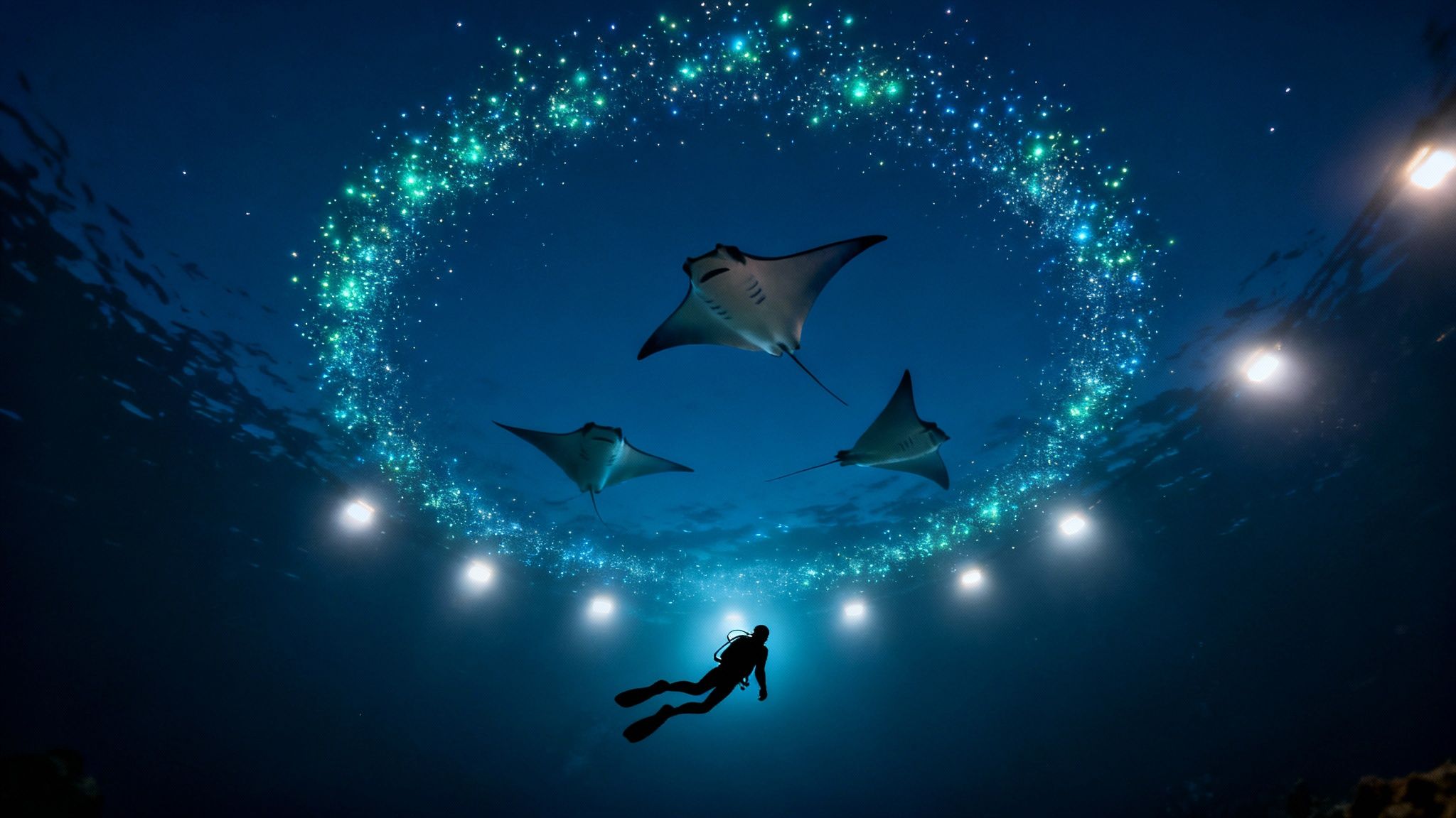 A group of majestic manta rays swim gracefully through the illuminated water during a night dive in Kona, Hawaii.