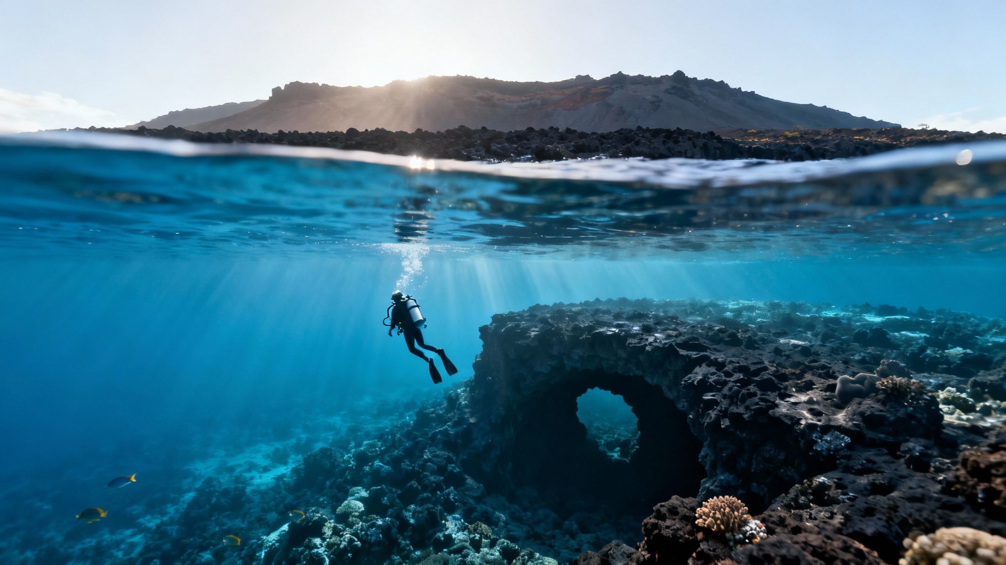 Split shot of a scuba diver exploring an underwater archway near a volcanic island.