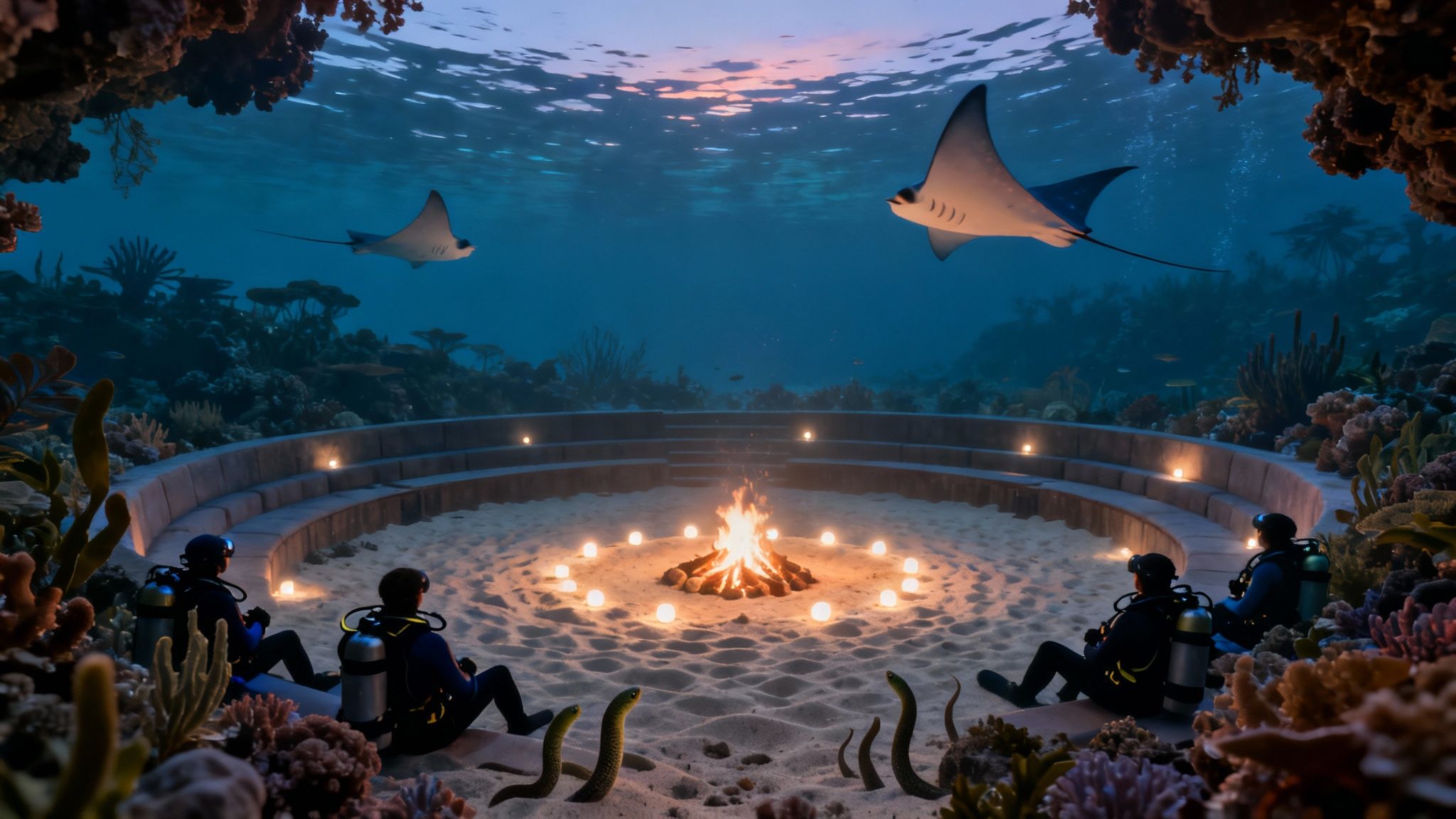 Scuba divers gathered around a magical underwater bonfire, observed by graceful manta rays.