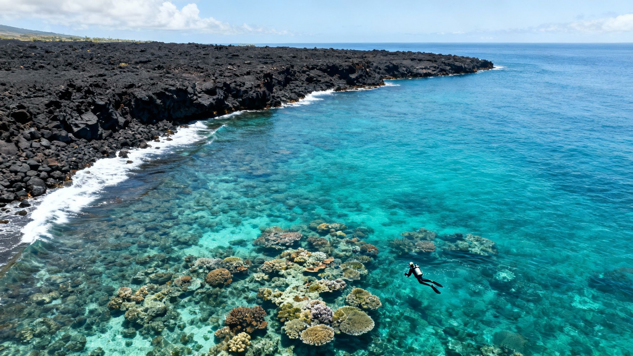 Aerial view of a diver exploring a vibrant coral reef near a black volcanic coastline in clear turquoise waters.