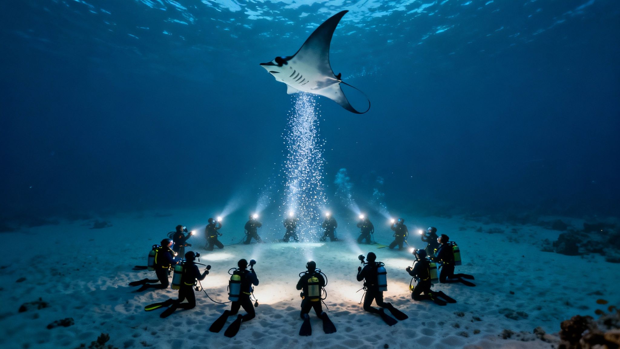A large manta ray glides gracefully over scuba divers on the ocean floor in Kona, Hawaii.