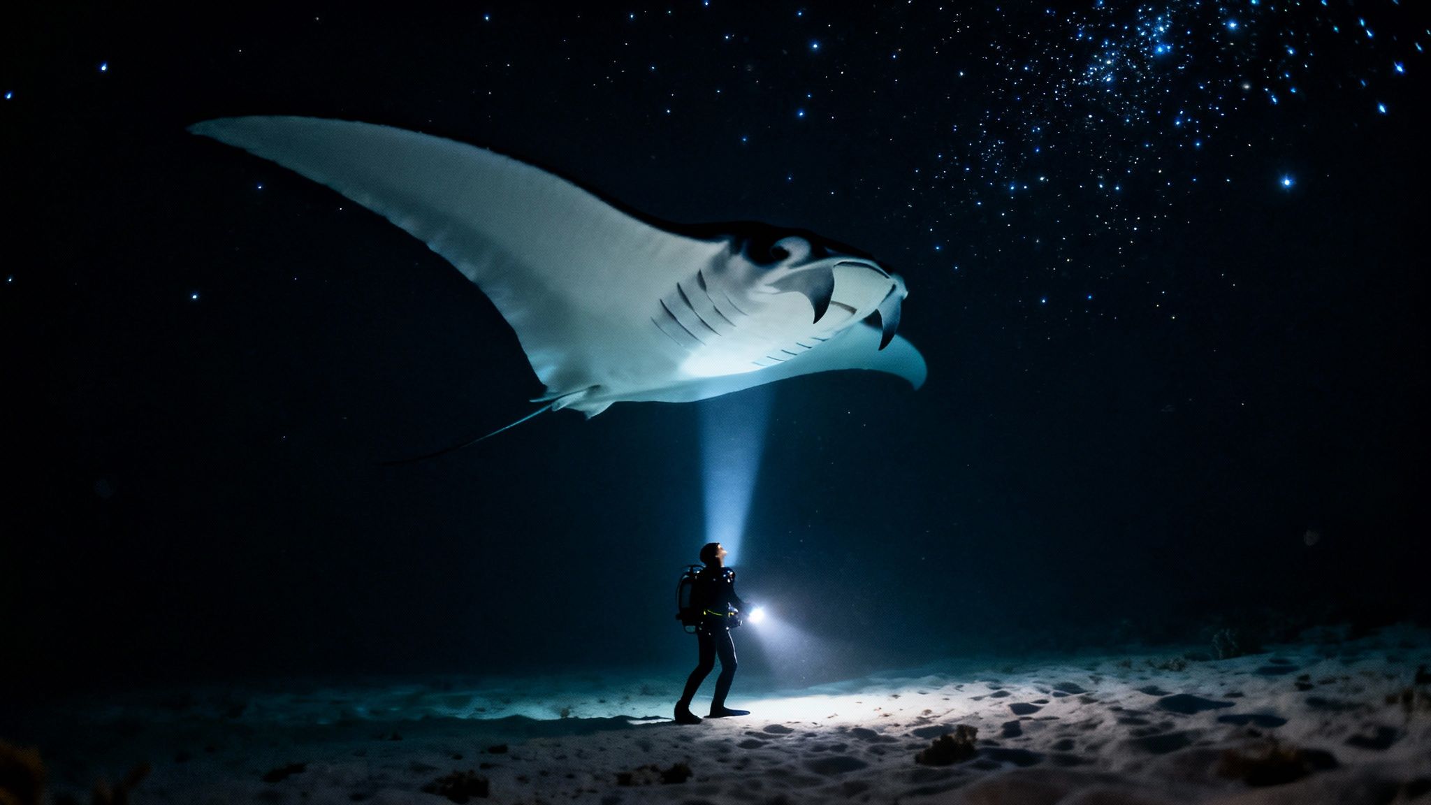 A diver shines a light on a majestic manta ray during a stunning ocean night dive.