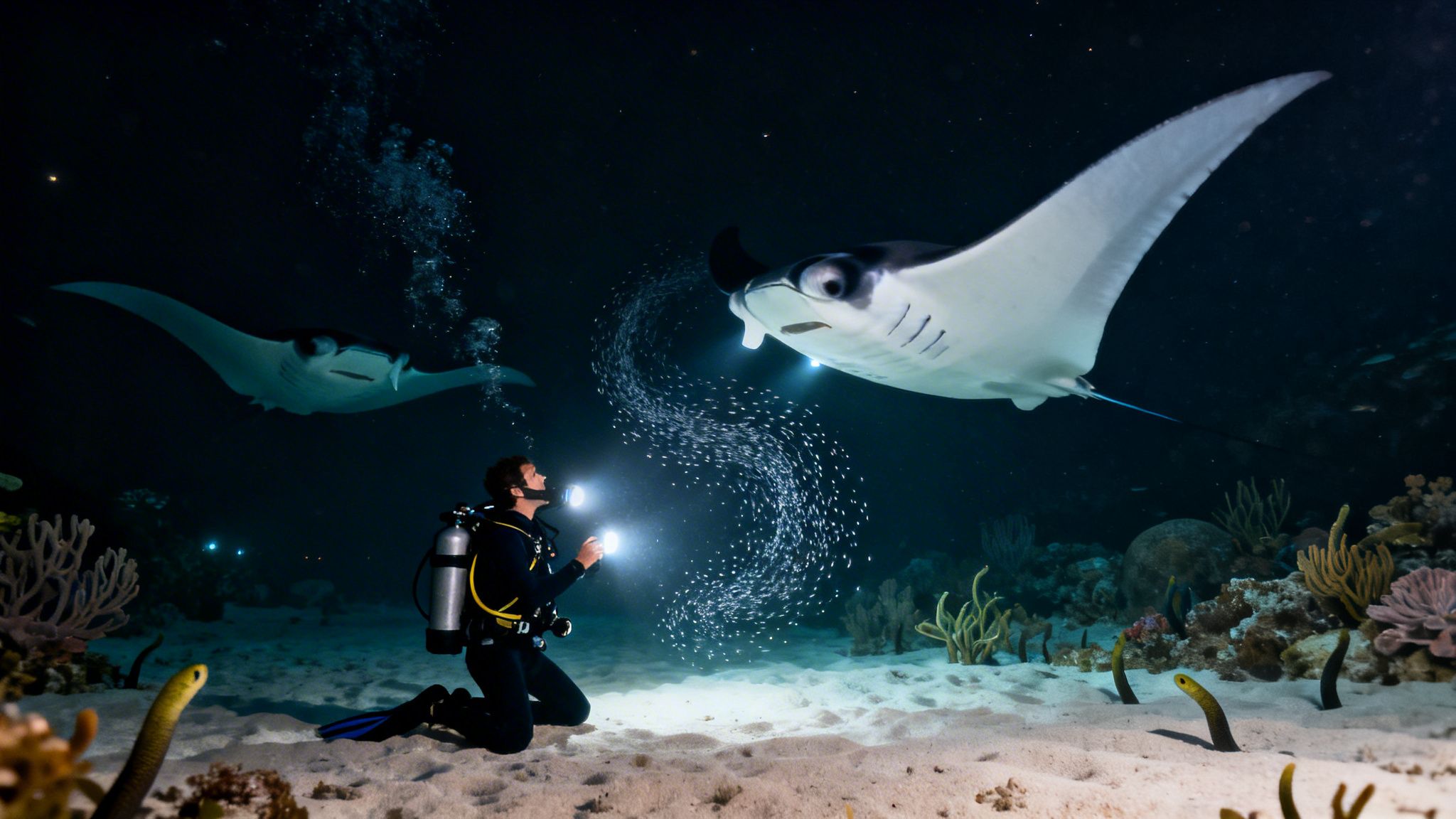 A diver illuminates two majestic manta rays and schooling fish at night underwater.