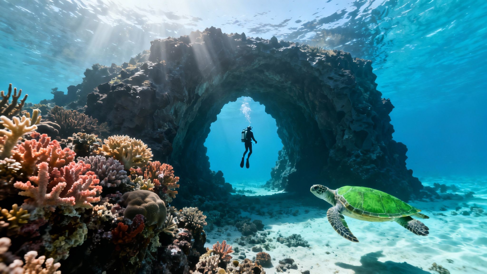 A scuba diver explores a vibrant coral reef, underwater arch, and a sea turtle.