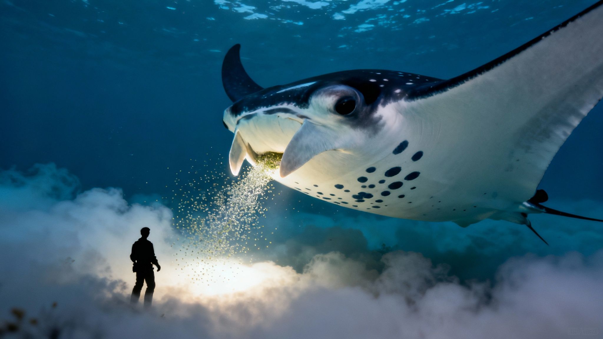A massive manta ray swims gracefully over a group of scuba divers during a night dive, with light beams illuminating the scene.