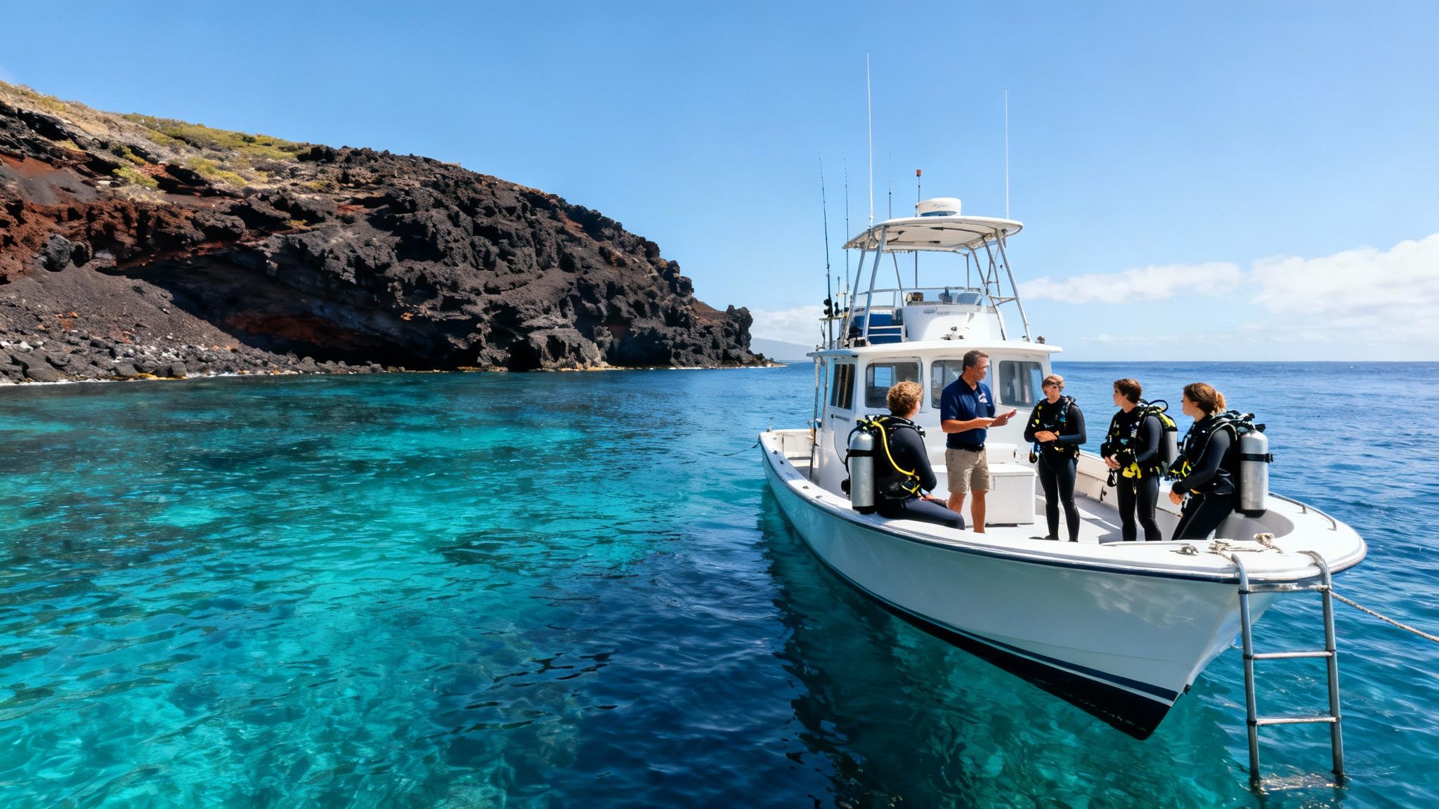 A diving instructor on a boat briefing four scuba divers in clear blue water near a rocky island.