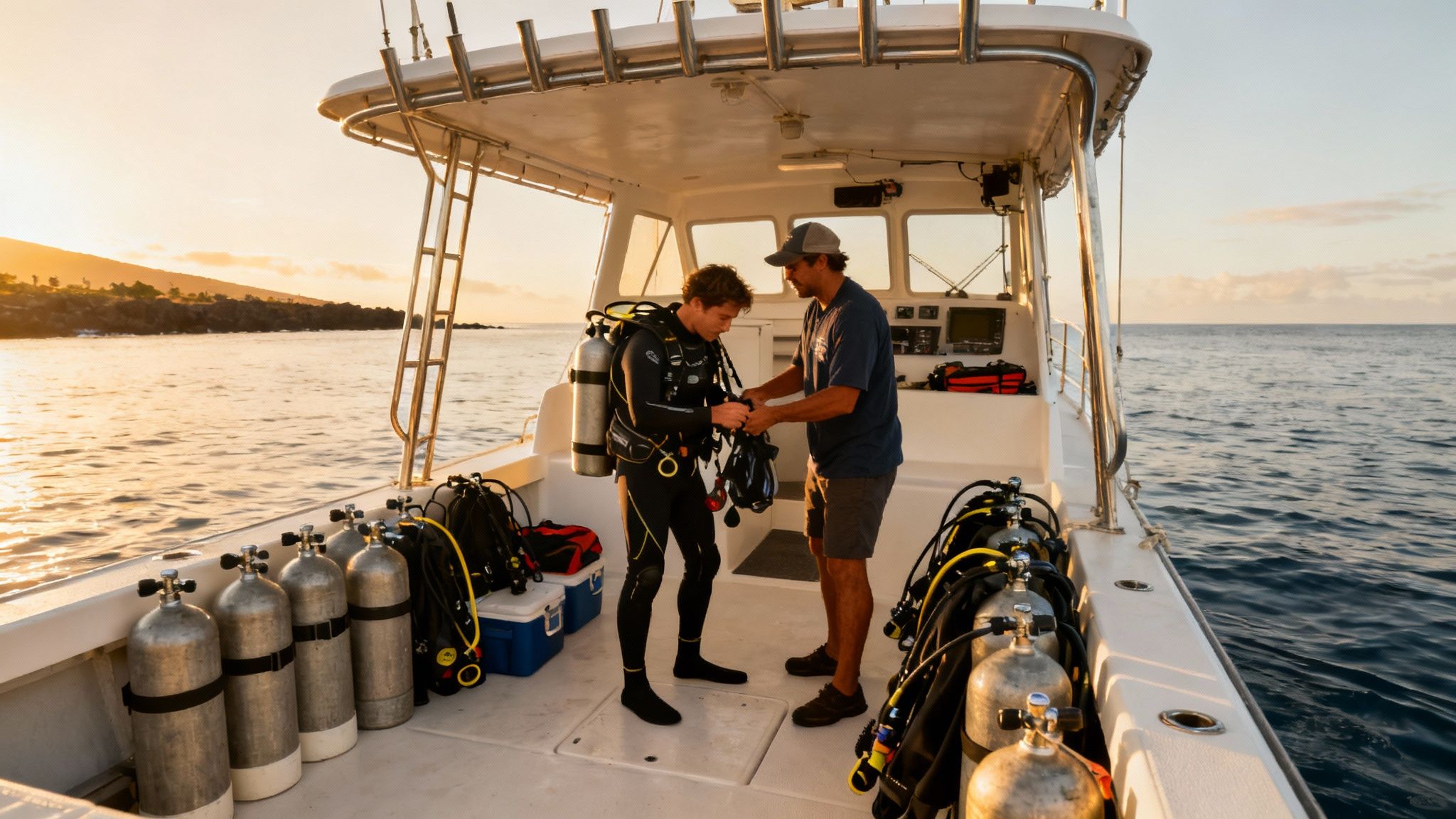 A group of scuba divers on a boat preparing their gear for a dive on the Big Island.