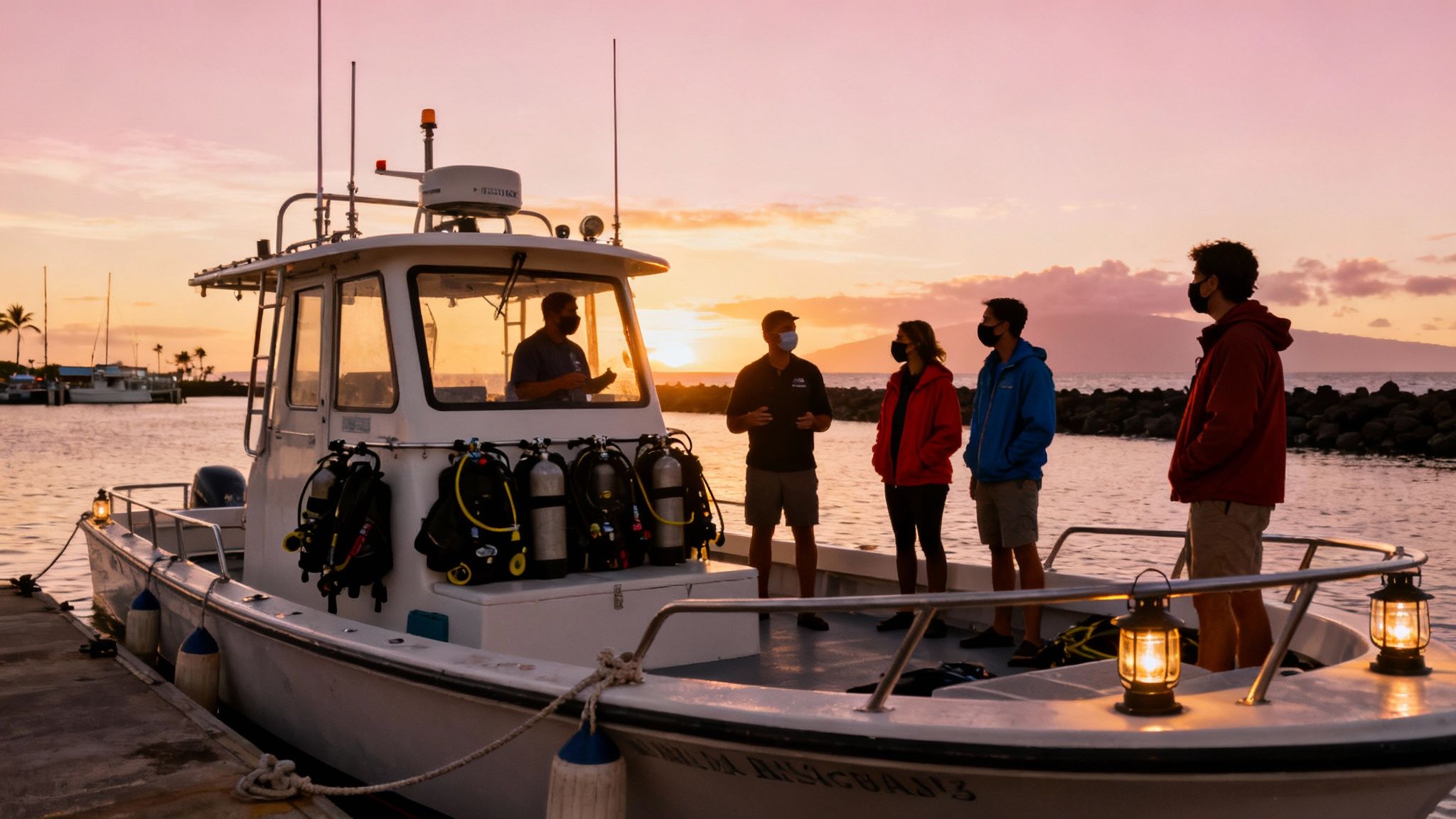 Divers on a boat getting ready for a manta ray night dive at sunset in Kailua Kona.