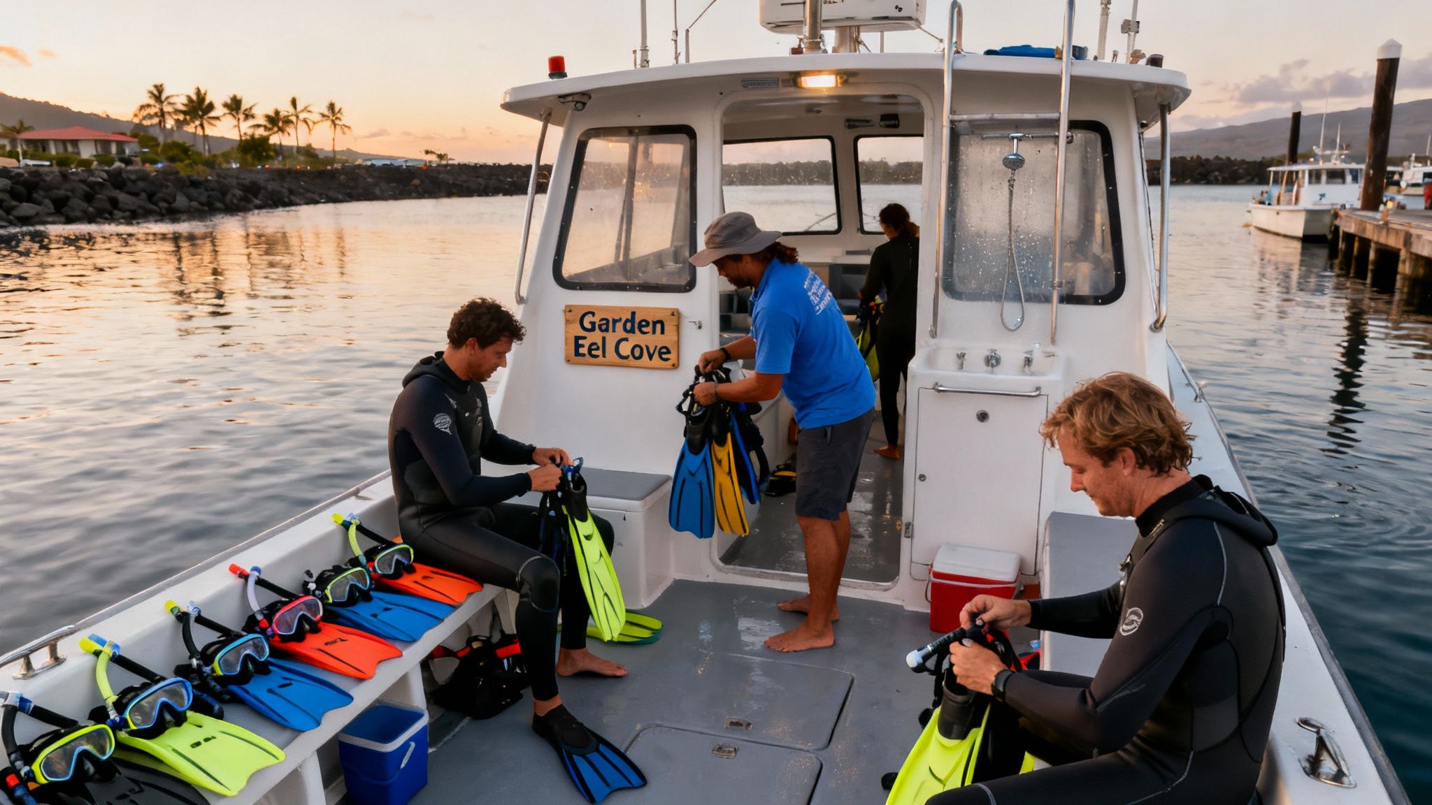 People on a boat preparing snorkeling gear with fins and masks at Garden Eel Cove.