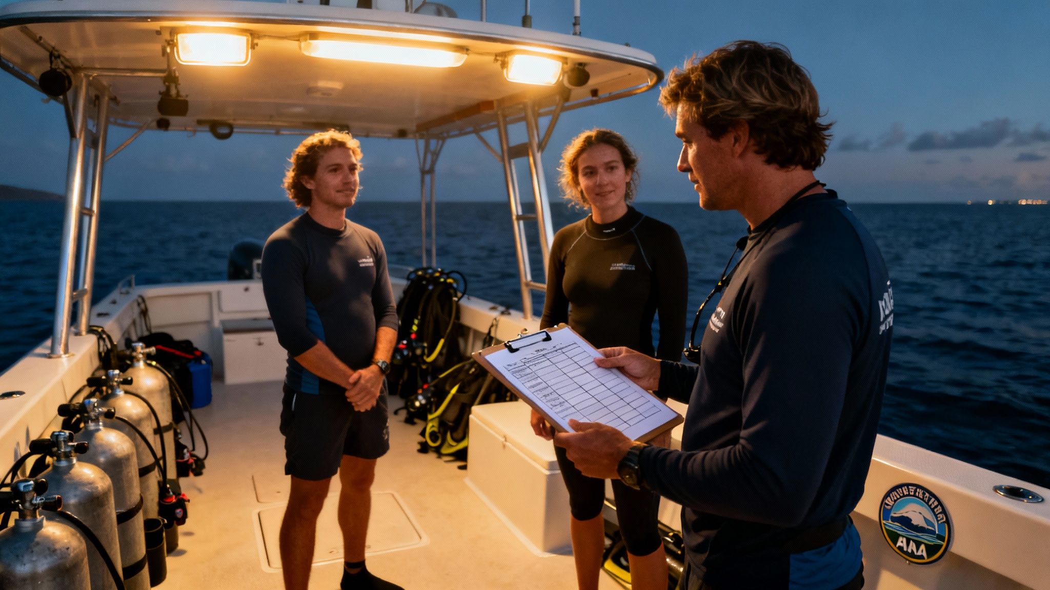 A group of scuba divers on the ocean floor watching manta rays swim above them at night in Kona.