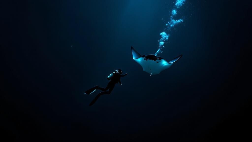 Graceful manta ray gliding through the dark water illuminated by a diver's light