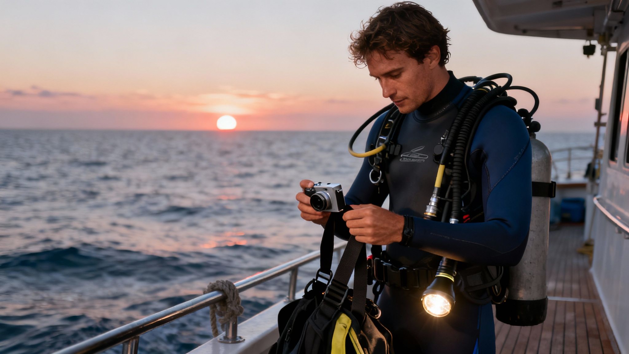 A scuba diver getting ready on a boat for a night dive, with gear laid out.