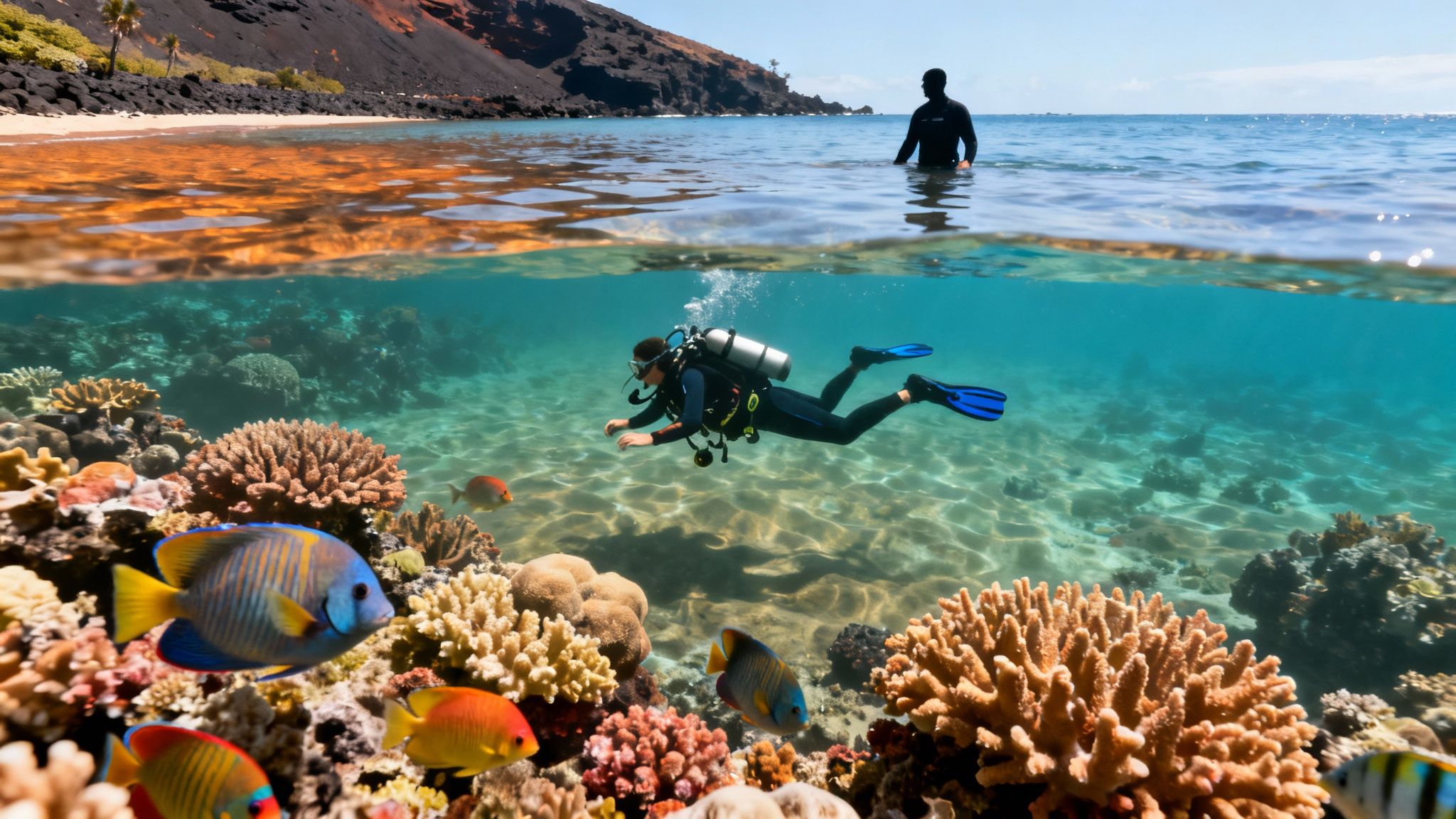 Scuba diver explores a vibrant coral reef with colorful fish near a volcanic beach on the Big Island.