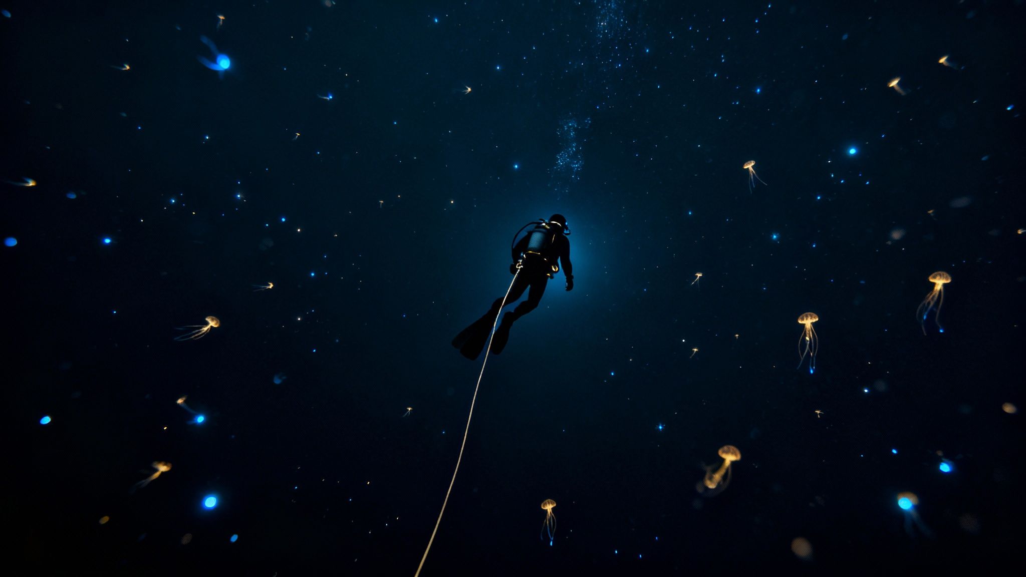 A scuba diver shines a light on a unique bioluminescent creature during a blackwater dive.