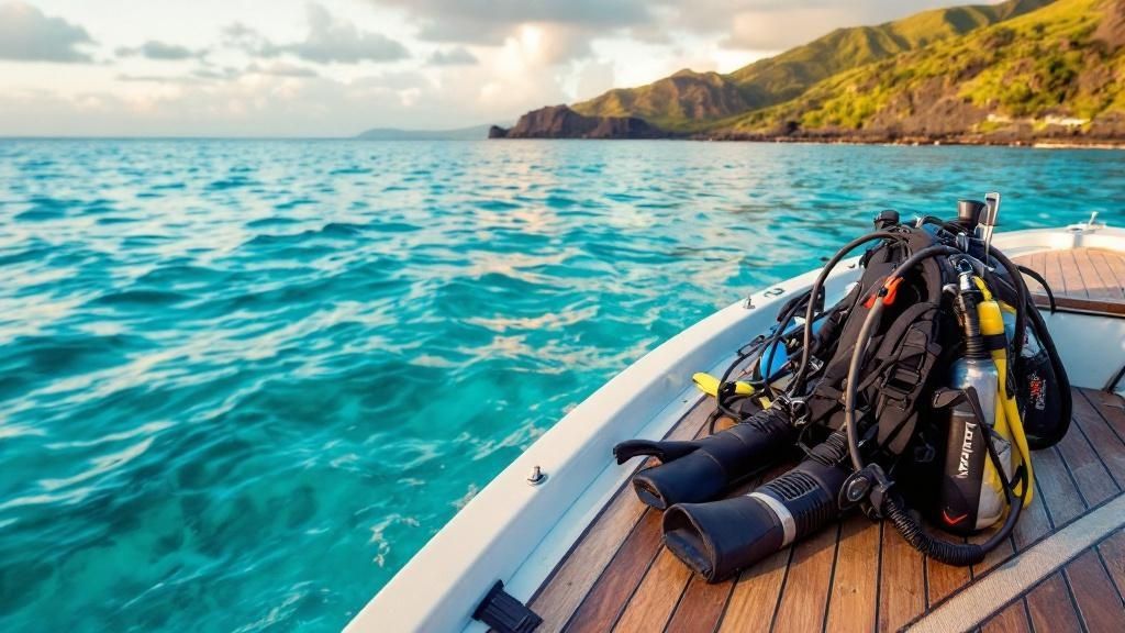 A school of fish swims through the clear blue water of Kona