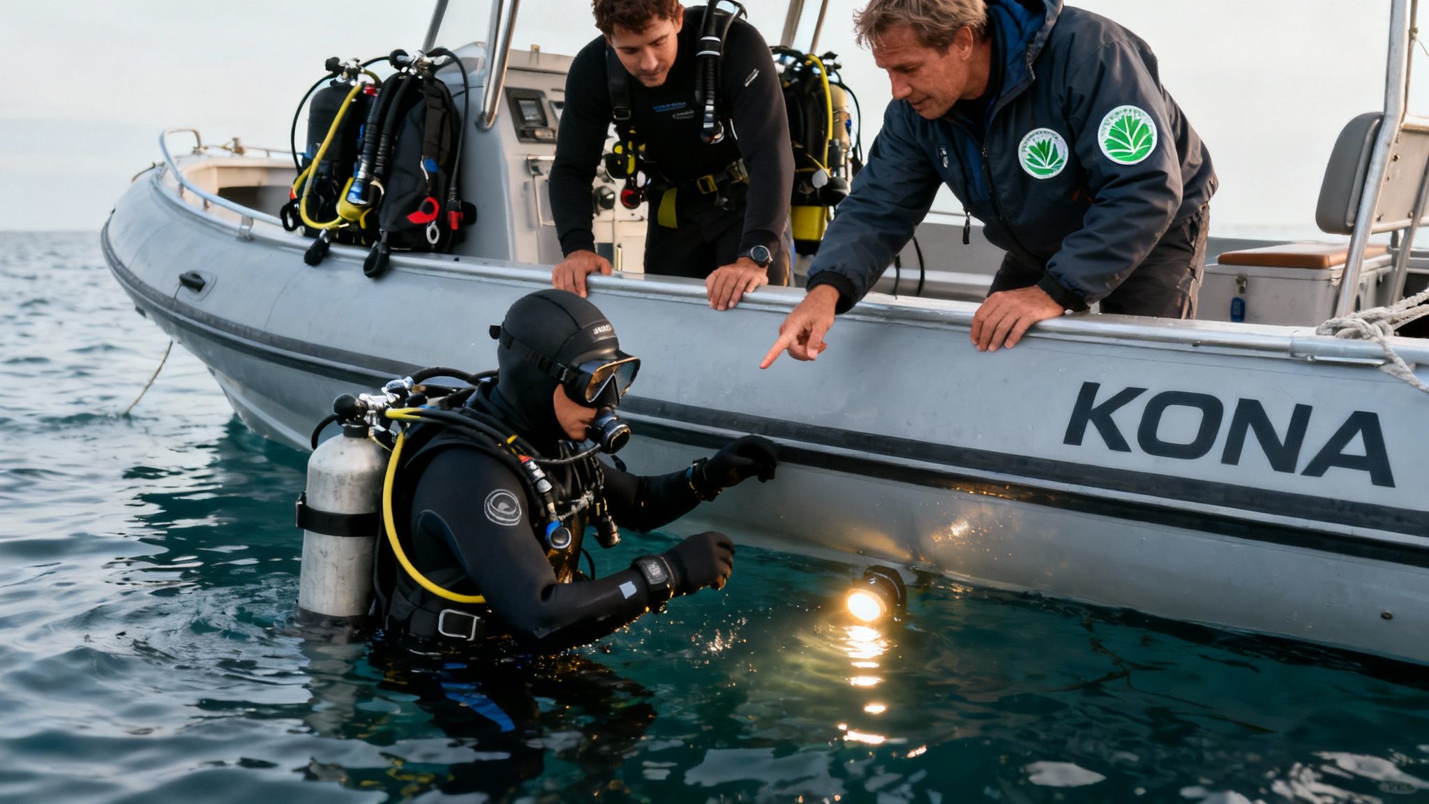 A group of scuba divers on a boat getting ready for a manta ray night dive in Kona.
