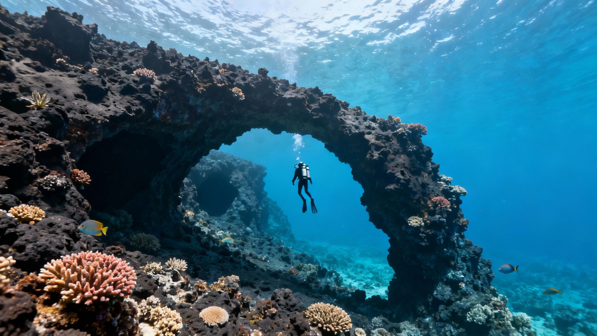 A scuba diver explores a vibrant coral reef, swimming through a natural rock arch underwater.
