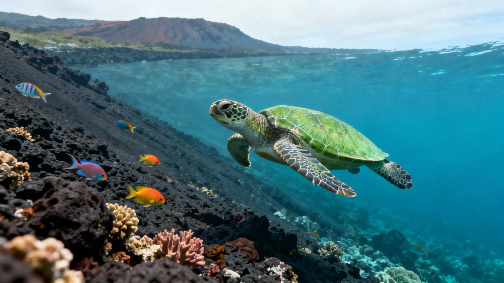 Green sea turtle swims gracefully near vibrant fish and volcanic rocks underwater, with a volcanic island above.