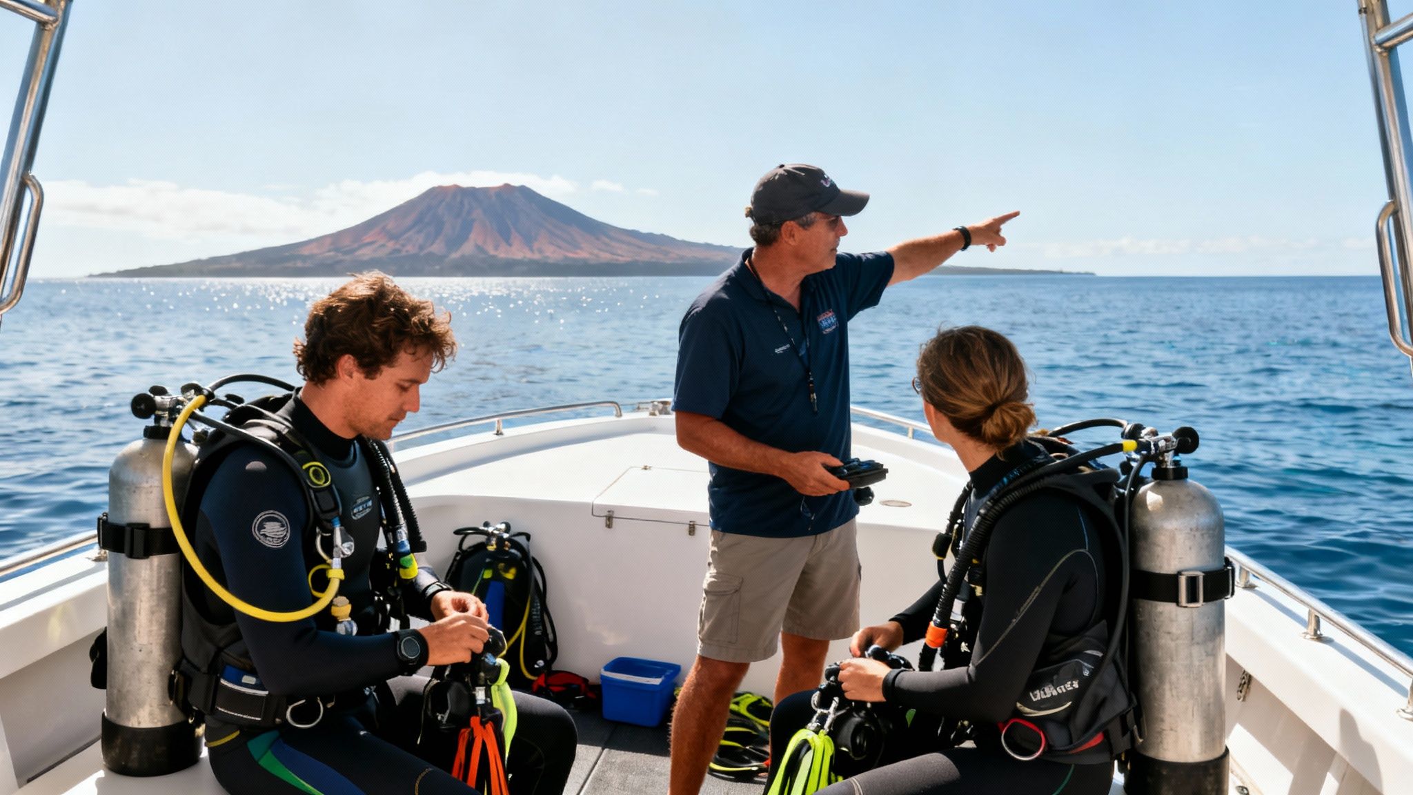 Scuba divers on a boat with an instructor pointing towards a distant volcanic island on a sunny day.