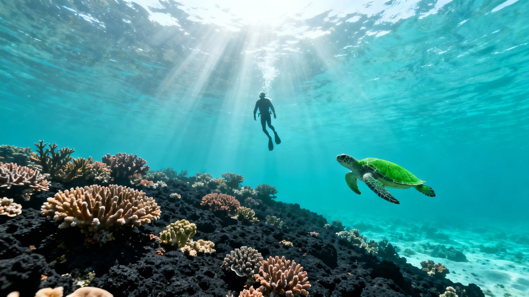 A diver and a green sea turtle swim among vibrant coral reefs, bathed in sun rays underwater.