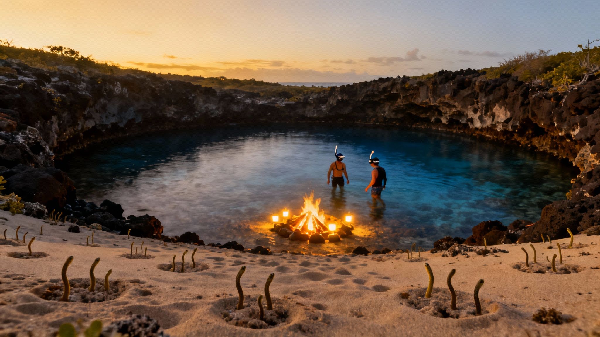 Two snorkelers stand in a cenote with a glowing campfire at sunset, surrounded by rocky terrain and sandy ground with garden eels.