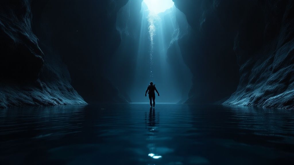 A group of scuba divers exploring a vibrant coral reef in the clear blue waters off the Kona Coast.