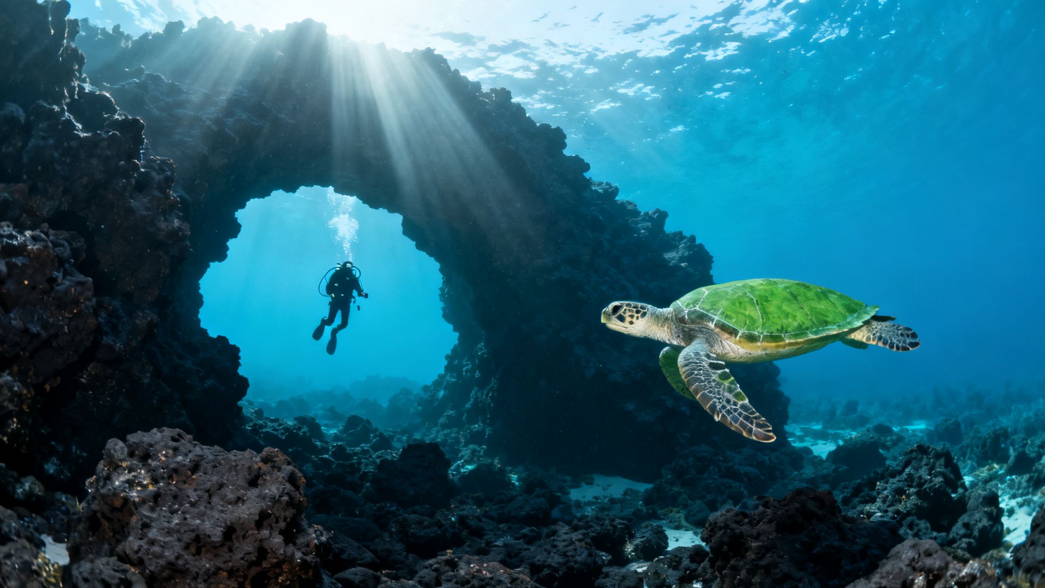 A scuba diver explores an underwater arch with a green sea turtle and sun rays.