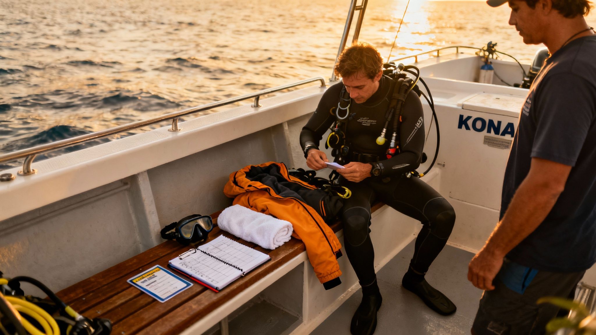 Scuba diver in wetsuit reviewing dive briefing checklist on boat before manta ray night dive