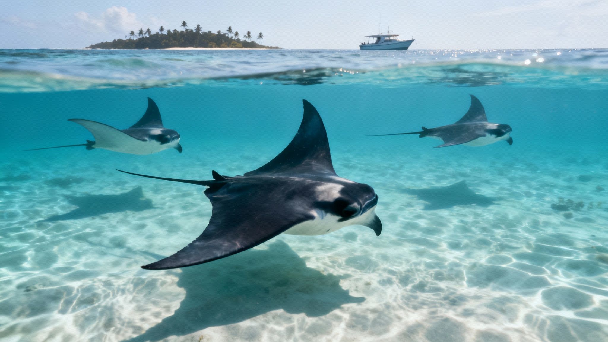 A group of scuba divers on the ocean floor look up as several large manta rays swim through beams of light above them.