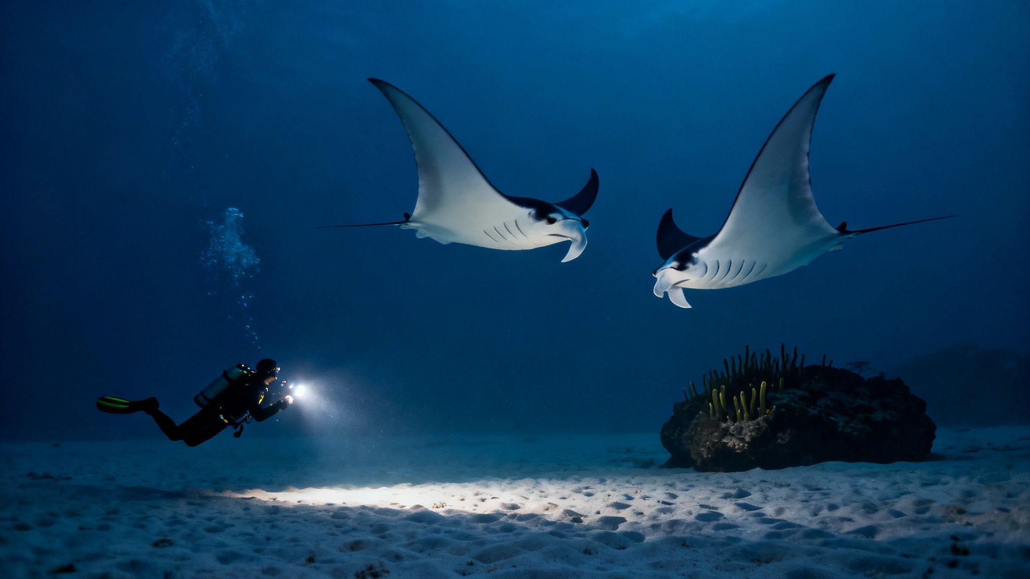 Underwater scene with a scuba diver observing two majestic manta rays swimming above.