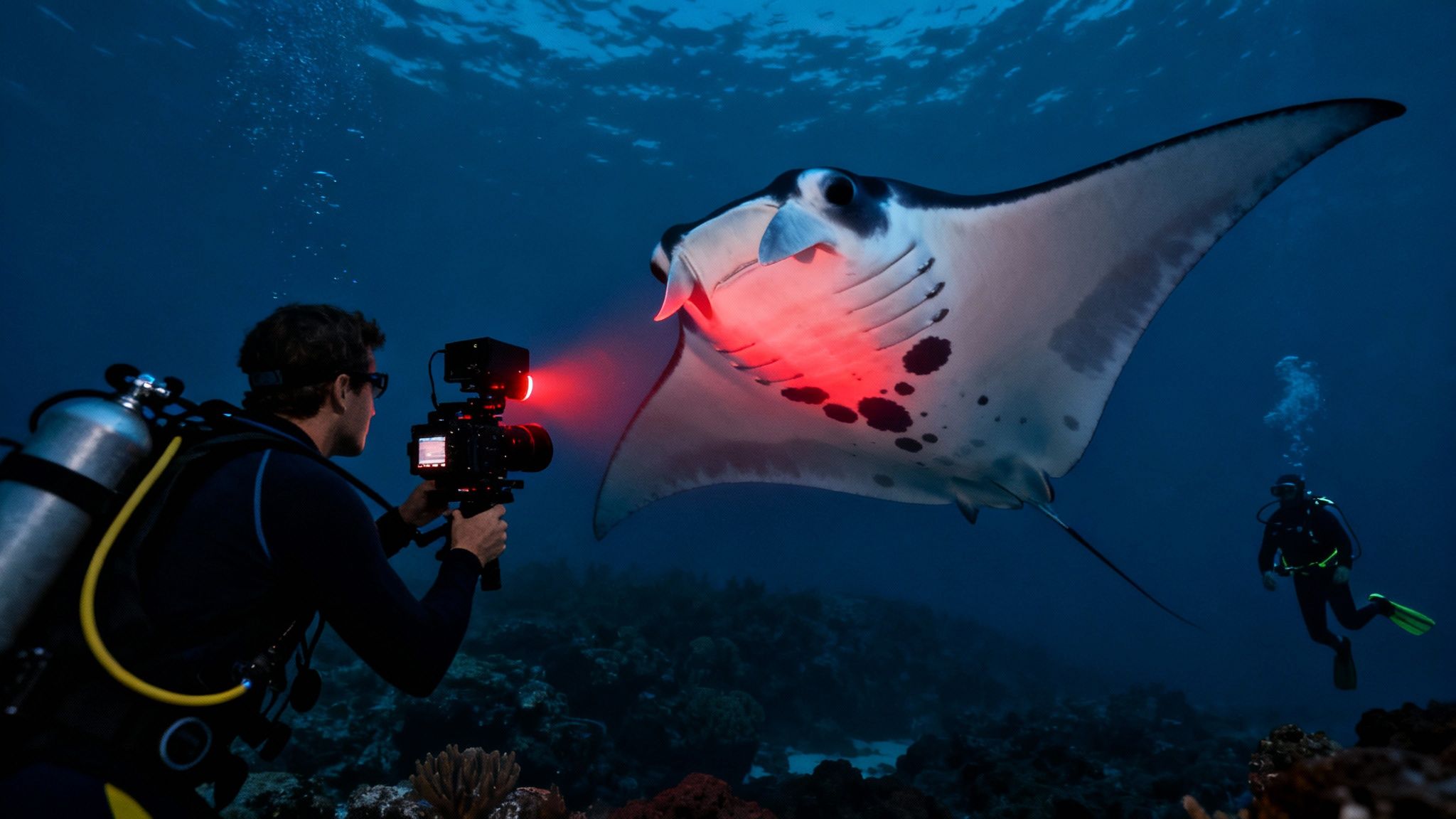 Underwater photographer illuminates a majestic manta ray with red light during a night dive, another diver observes.