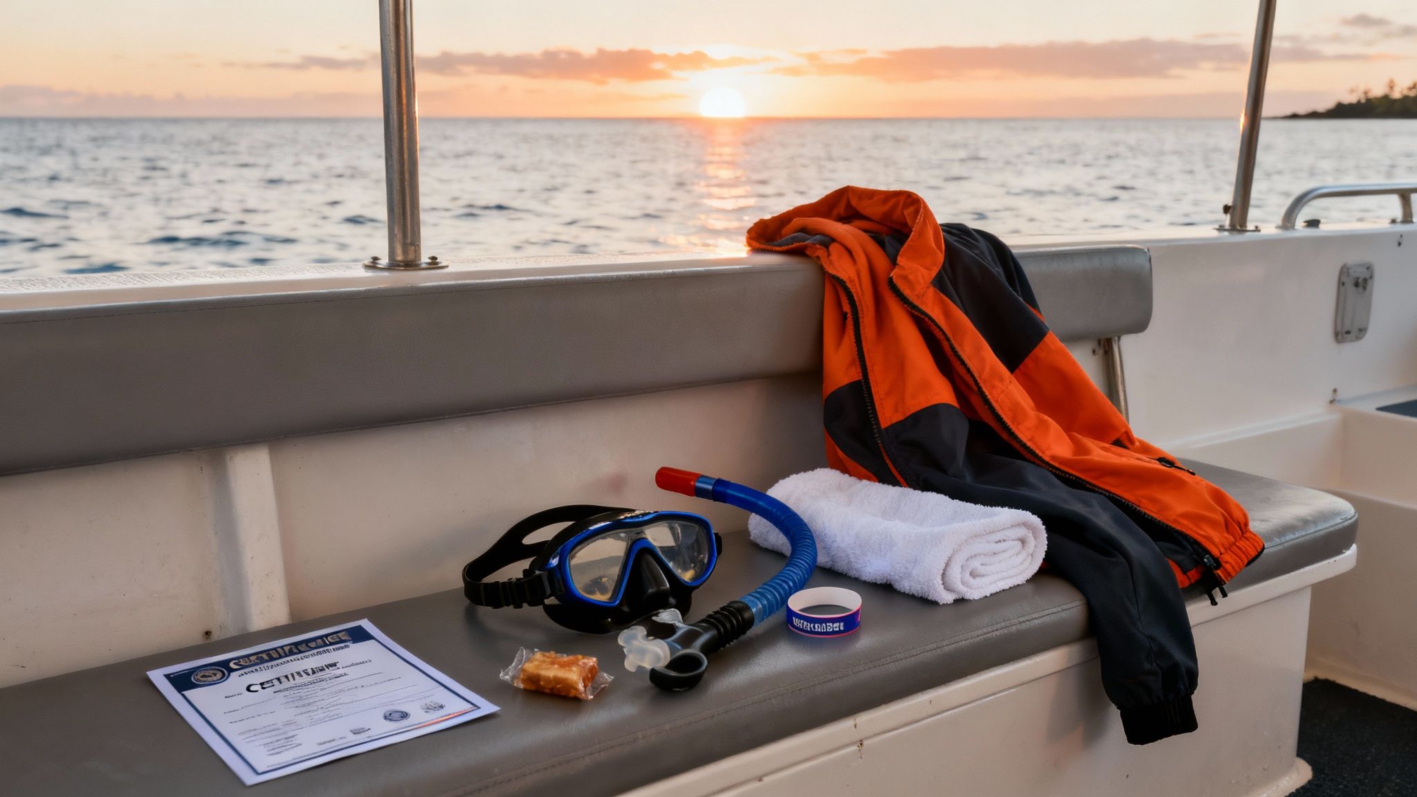 A group of scuba divers preparing their gear on a boat at sunset in Kona, Hawaii.