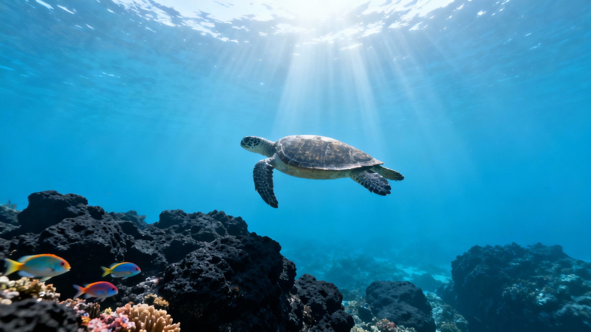 A majestic sea turtle swims gracefully underwater with sun rays, vibrant fish, and coral reefs.