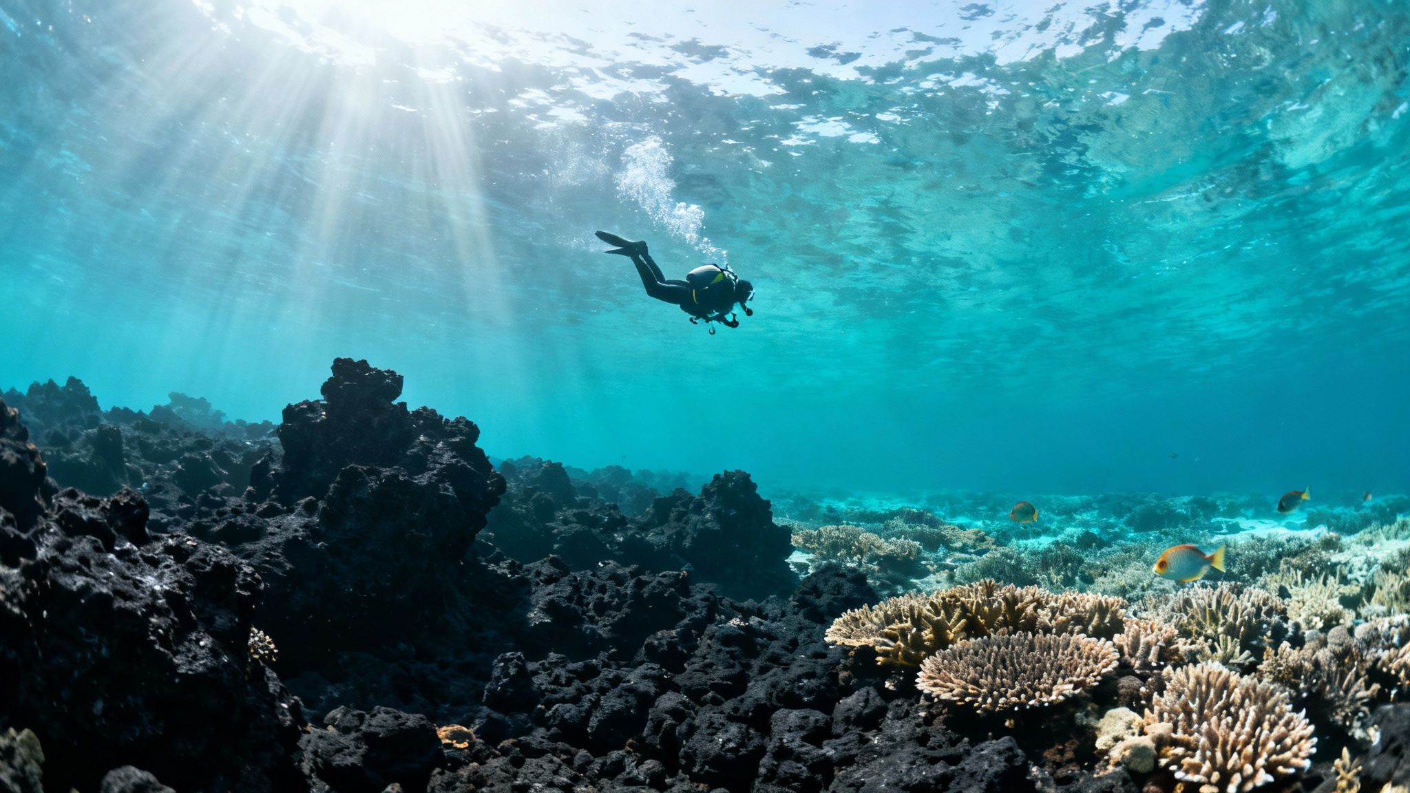 A scuba diver swims over vibrant coral reefs and dark volcanic rock formations with sun rays.