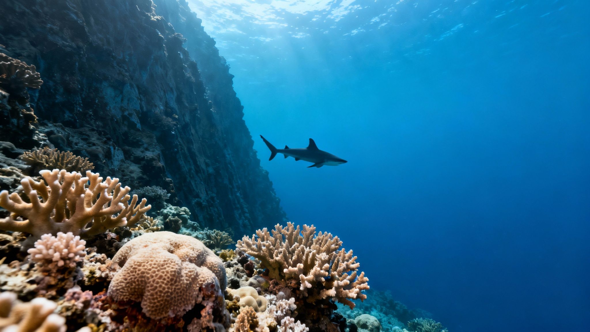 A blacktip reef shark swims alongside a vibrant coral reef near a steep underwater cliff.