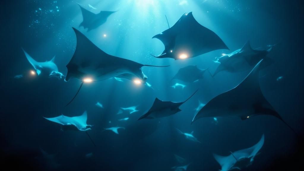 A giant manta ray glides through the dark water, its white belly illuminated by the powerful lights of divers below.