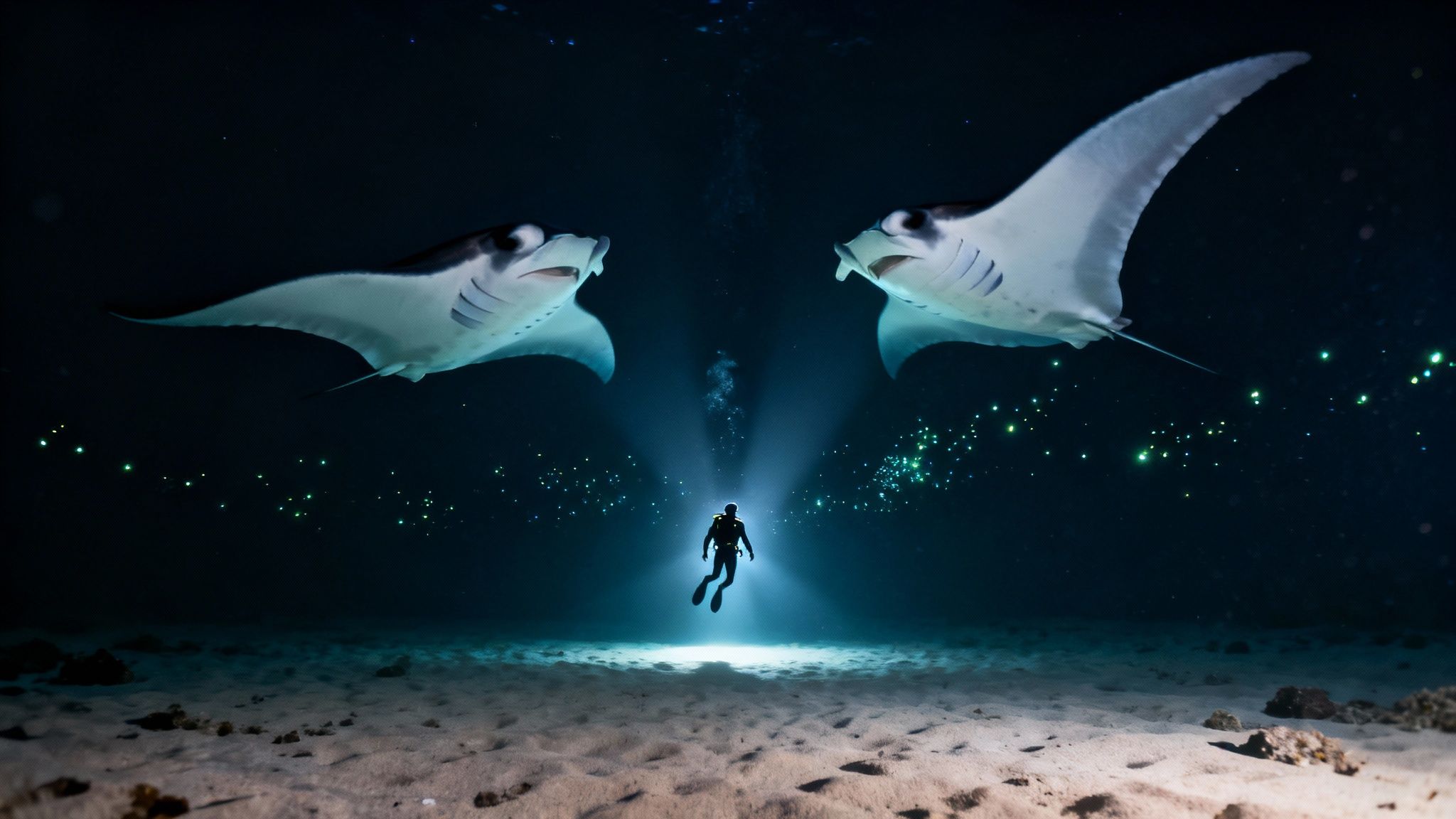 Close-up of a manta ray gracefully swimming in the ocean at night, with its mouth open to feed on plankton.