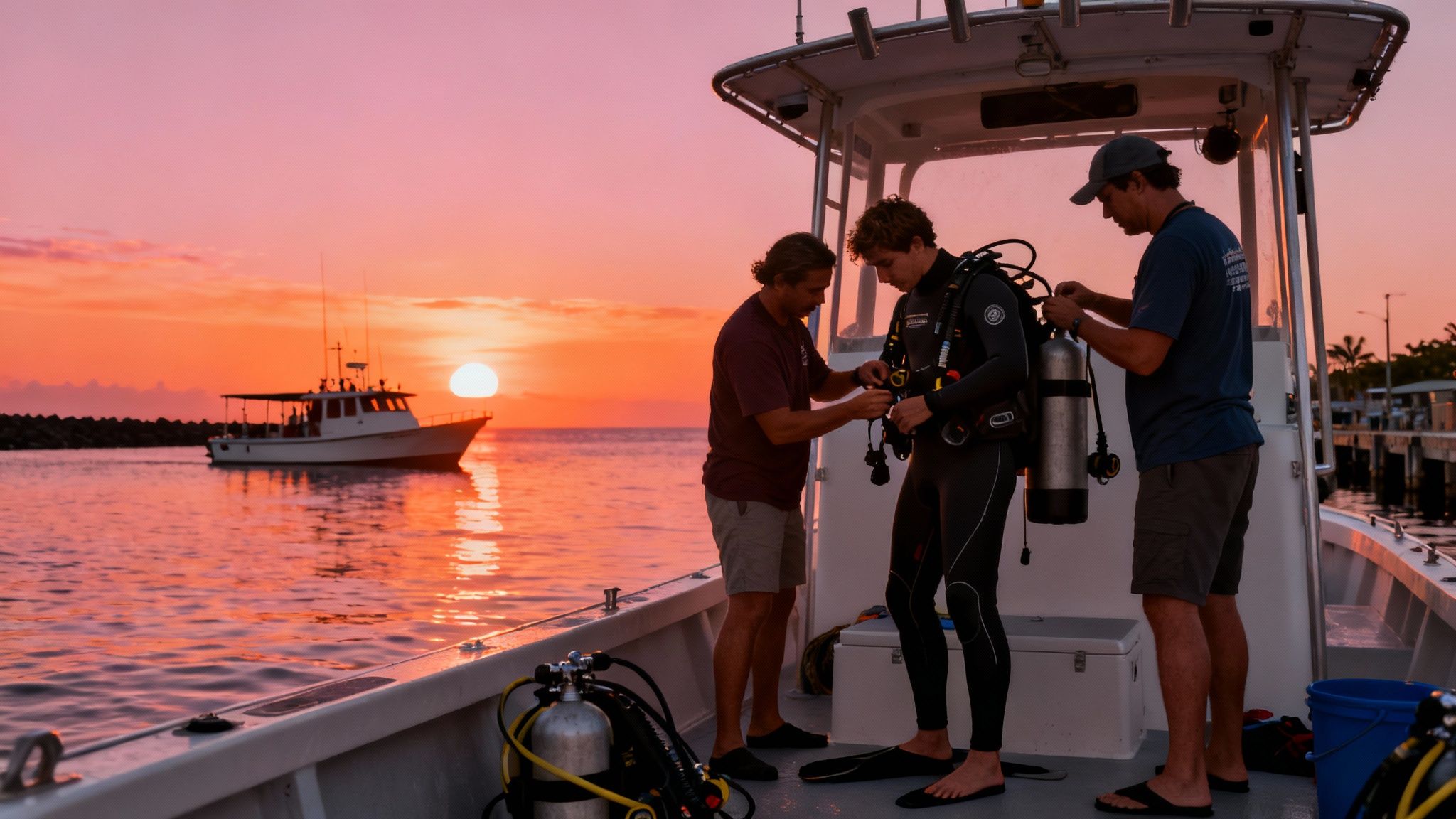 Three men on a dive boat getting ready for a scuba adventure during sunset.