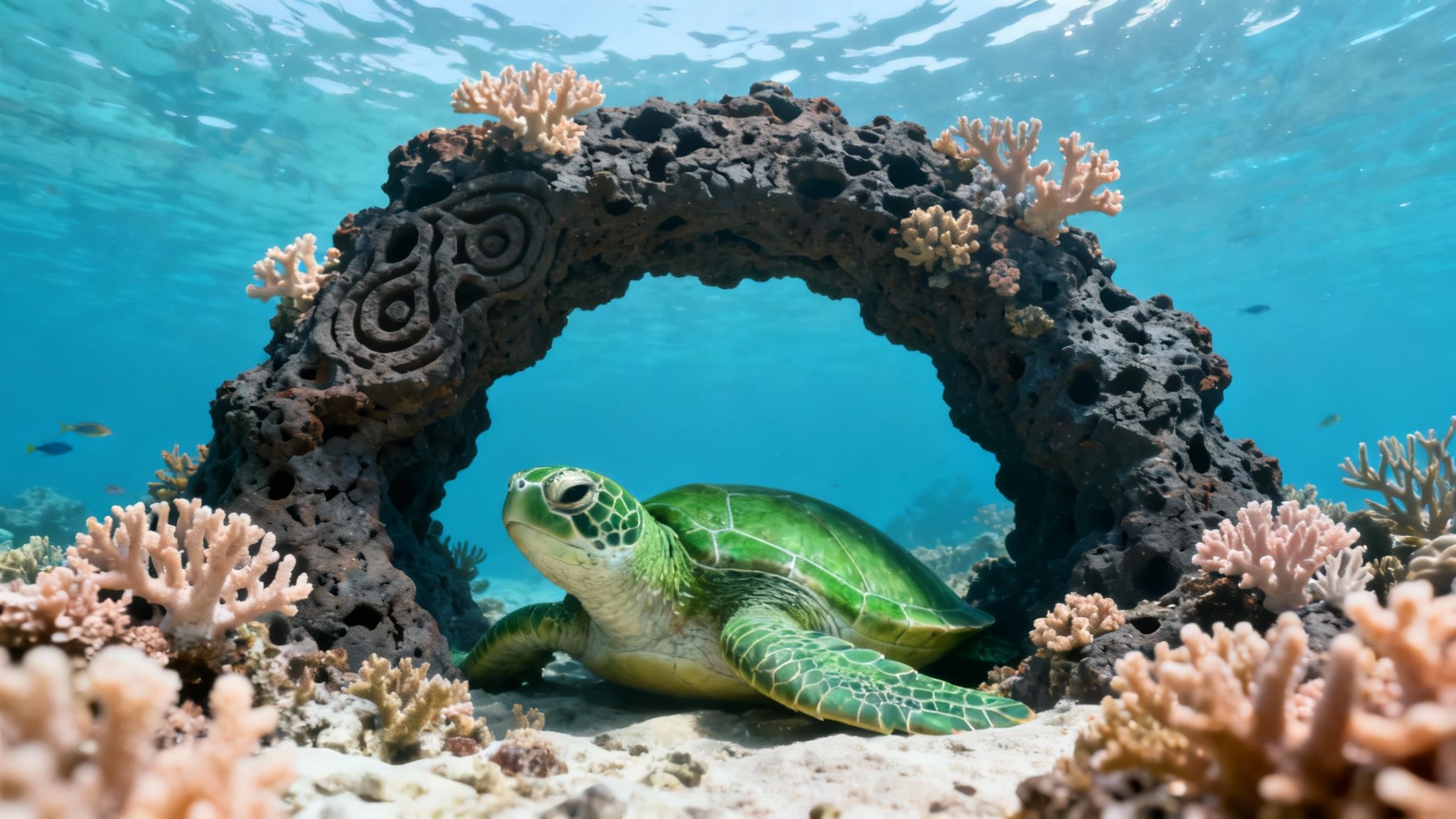 A scuba diver swims through a massive underwater lava arch teeming with fish on the Big Island.