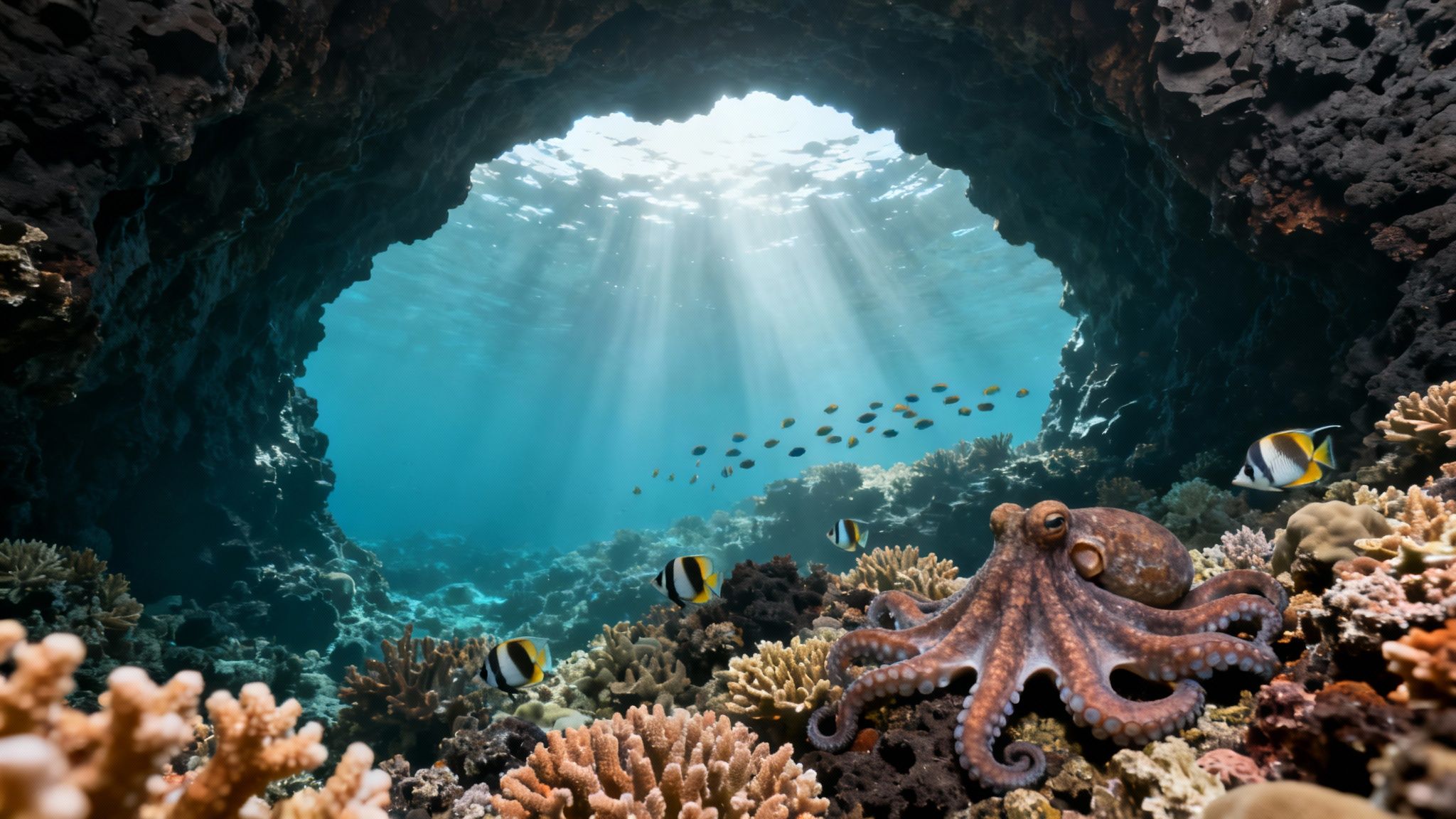 Sunlight streams into a vibrant underwater cave, revealing a lively coral reef, an octopus, and colorful fish.