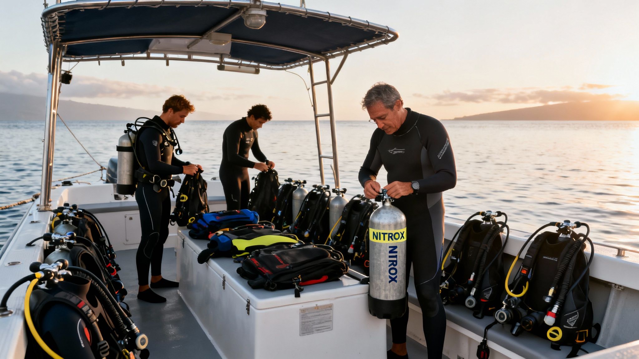 Three men in wetsuits on a dive boat, preparing scuba diving tanks and gear at sunrise.